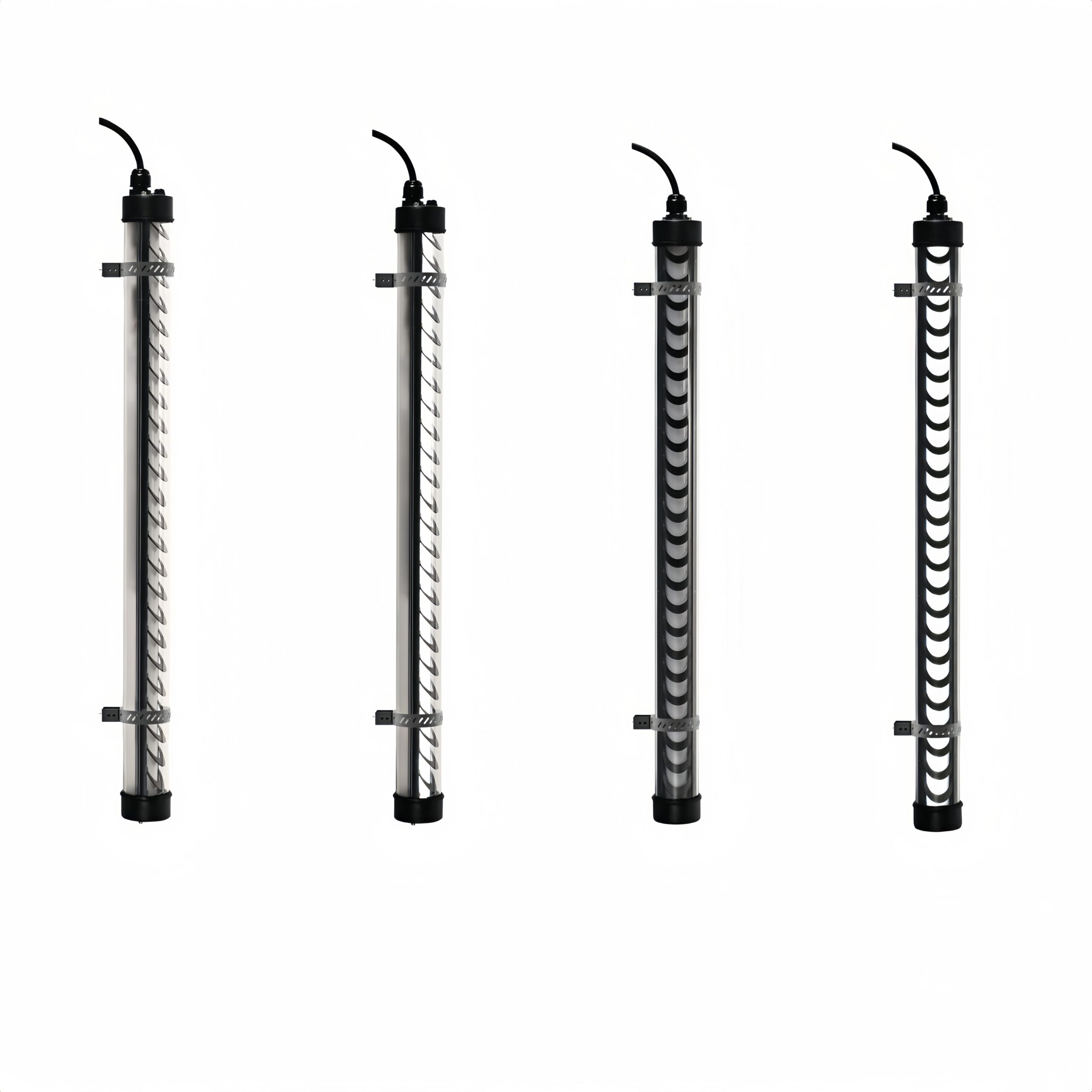 Black architectural tubular LED lights with twisted louver and grille options