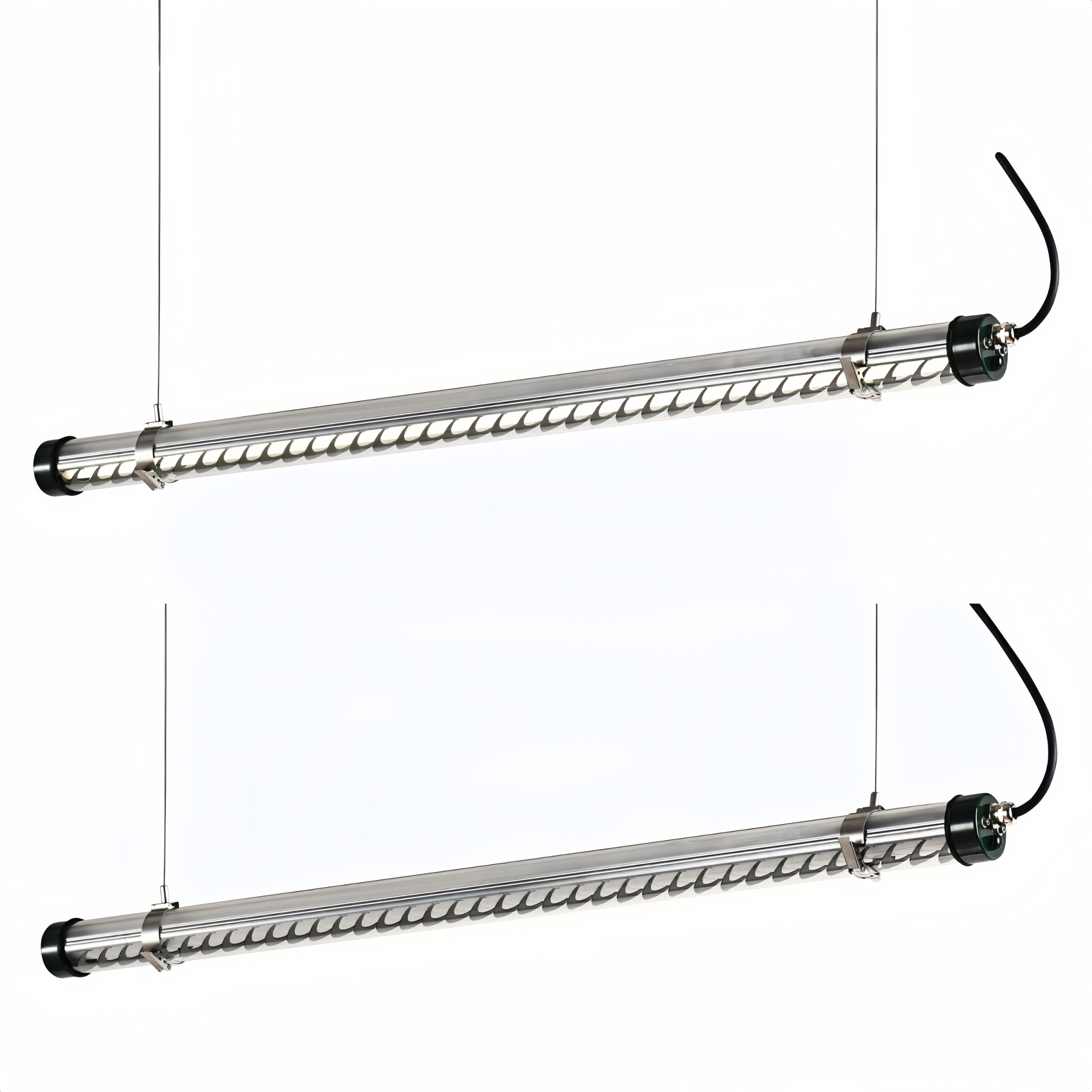 Architectural tubular LED light with smoked tube and twisted internal louver