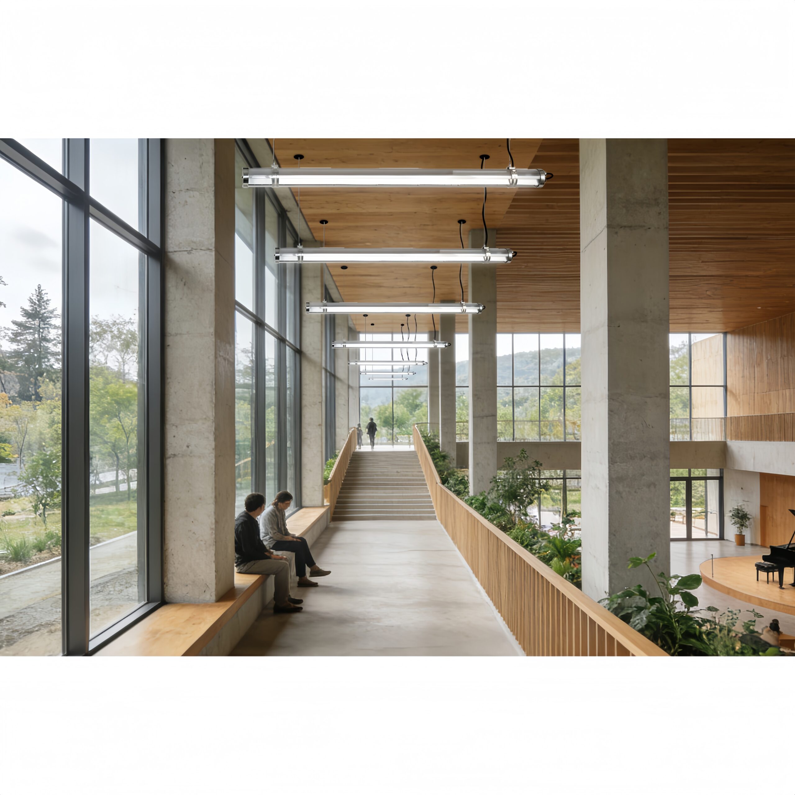 Wall-mounted and suspended installation tubular luminaires installed on a residential building façade, demonstrating clean, project-ready outdoor lighting application