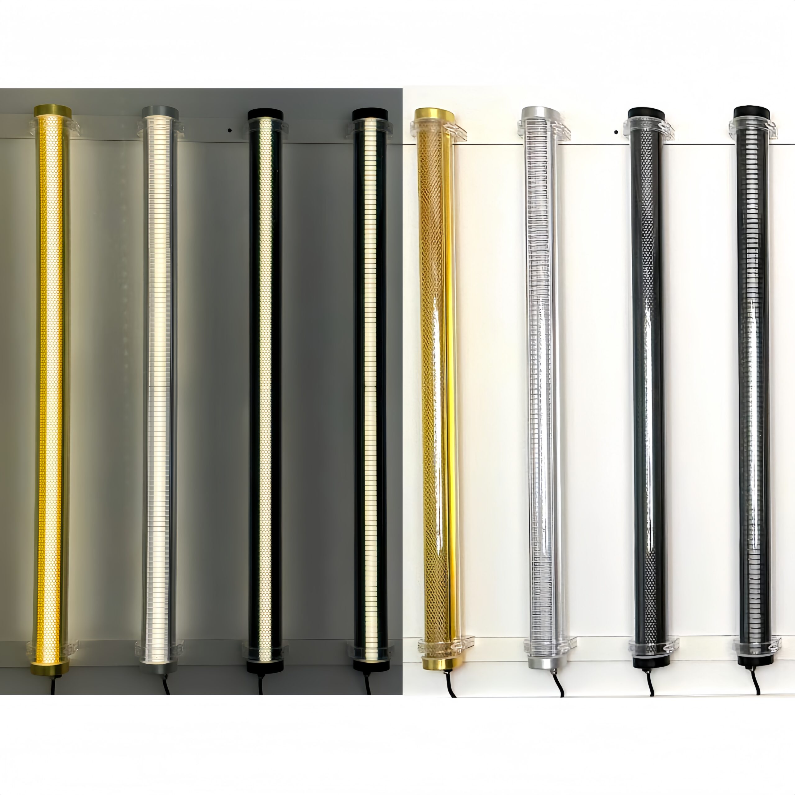 Crystal architectural tubular luminaire optical inserts, emission options and finish configurations