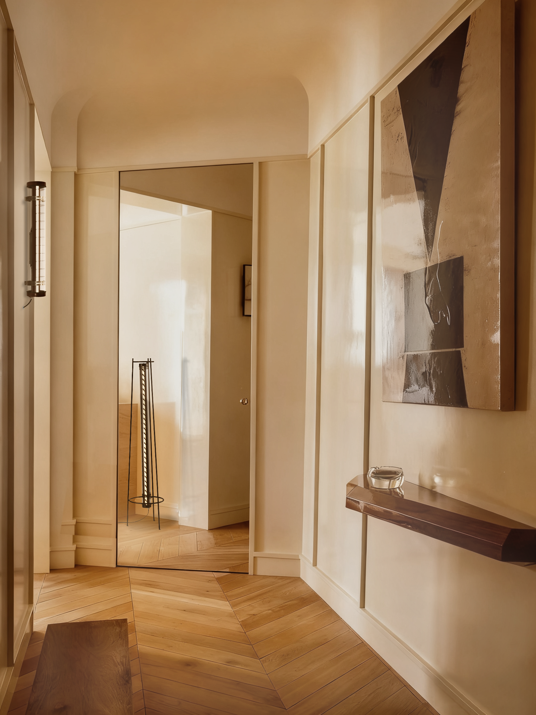 Rosa wall-mounted architectural tubular lights installed at a residential entry porch — compact façade lighting for semi-outdoor use (MANI Lighting)