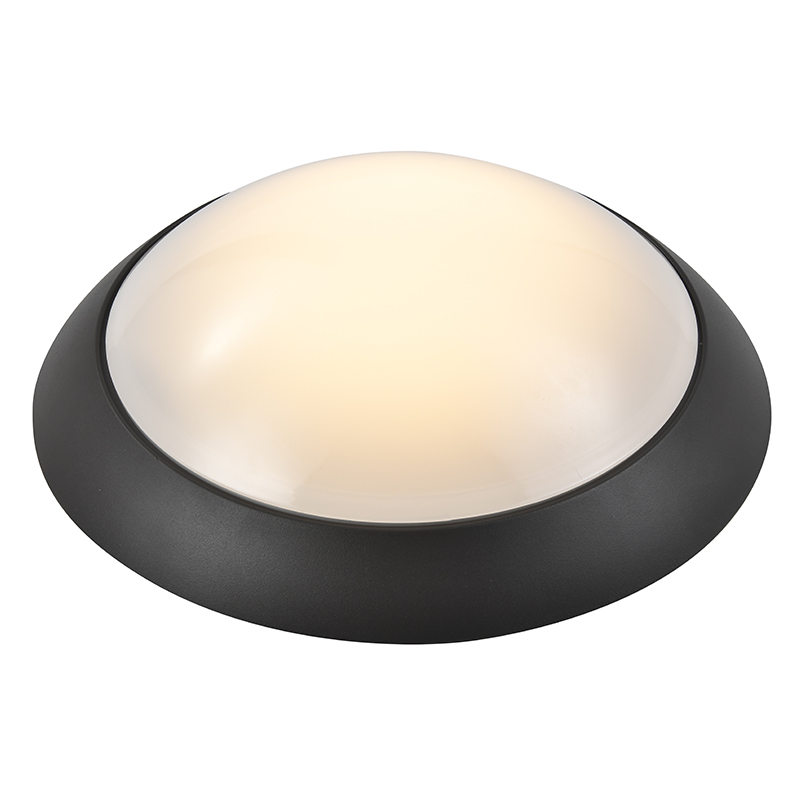 Black aluminum LED dome ceiling light with opal diffuser for indoor and outdoor use