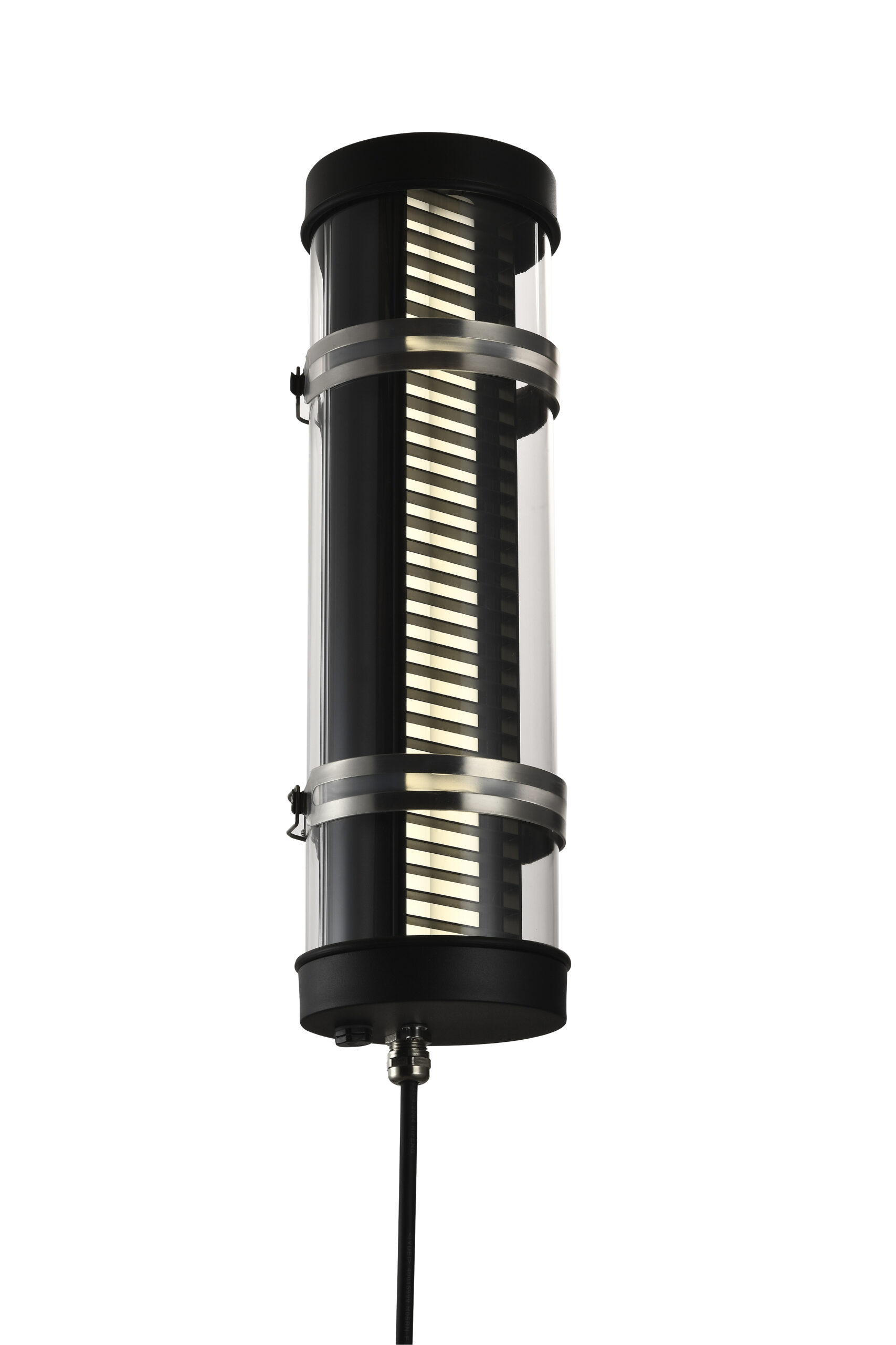 MANI Lighting architectural tubular wall light, black finish, louver grille detail, clear tube, Ø100mm