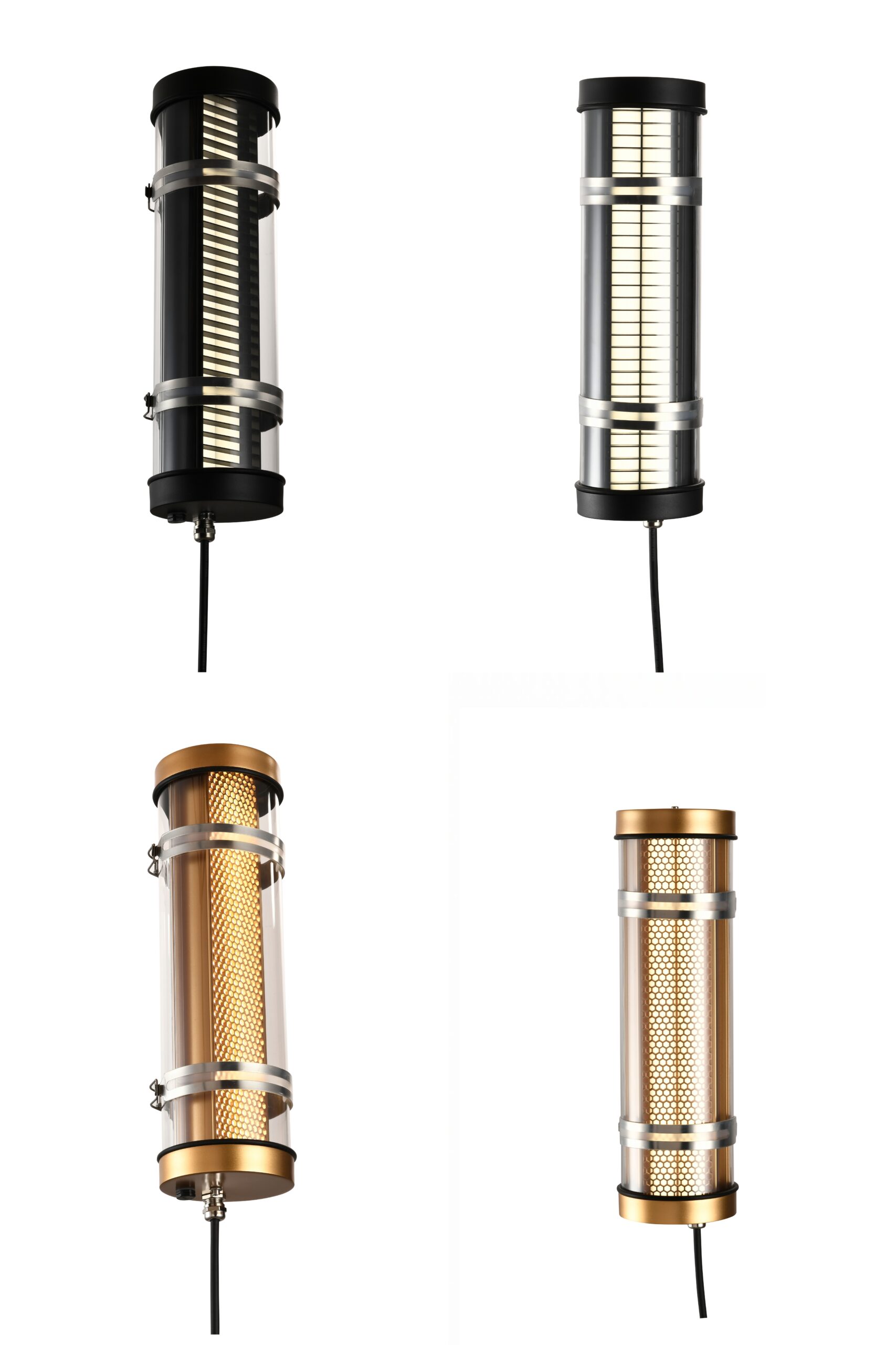 Arno architectural tubular wall light variants with honeycomb and louver grille optics for glare control (black and gold finishes)