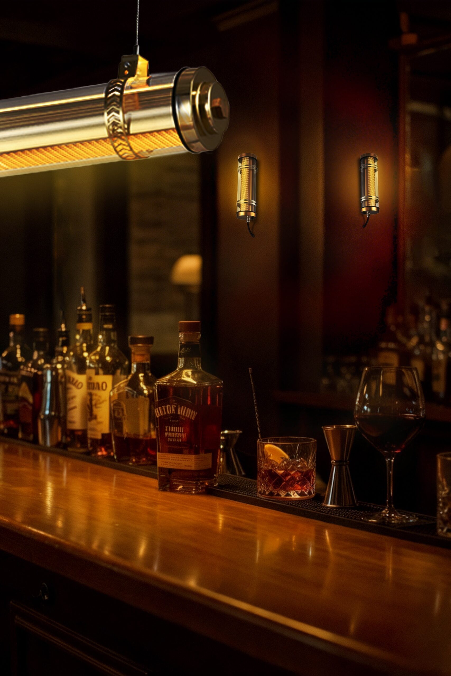 MANI architectural tubular wall lights in a bar setting, providing directional illumination and ambient guidance