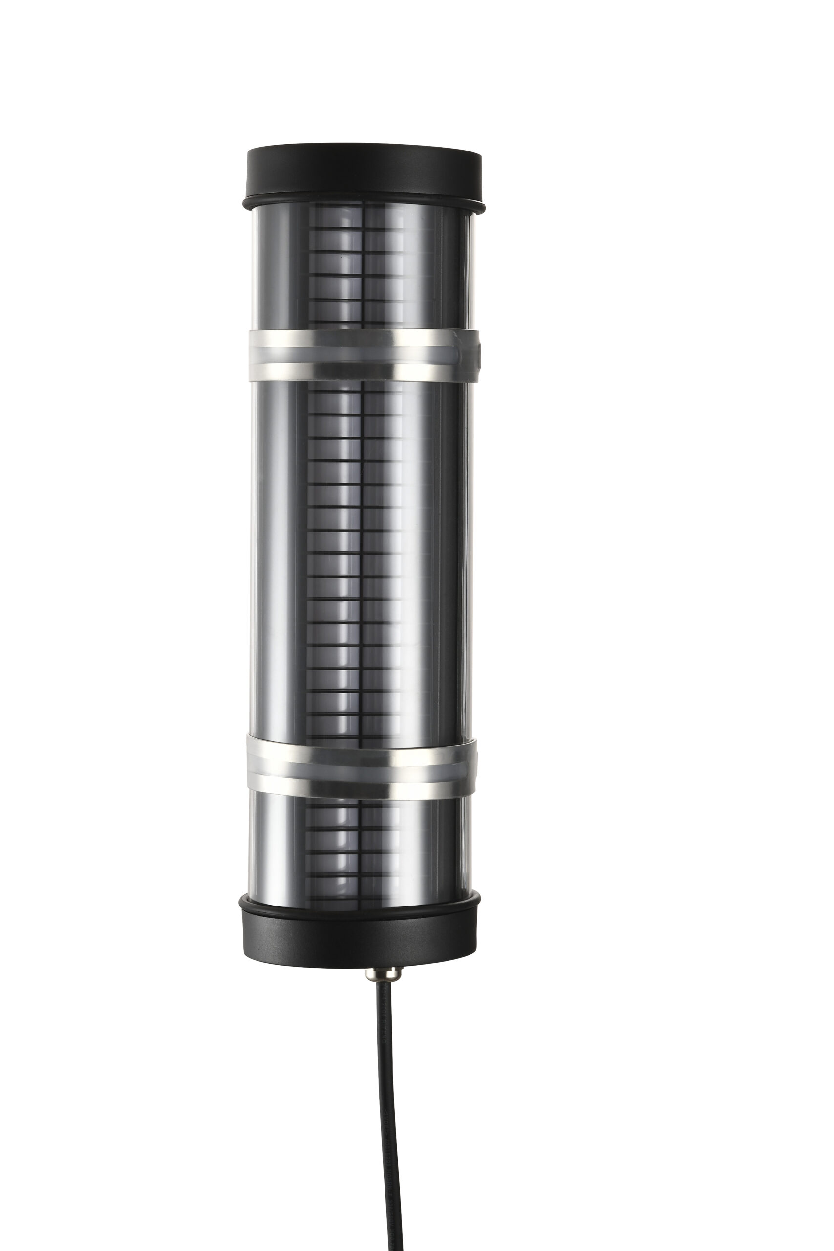 MANI Lighting architectural tubular wall light, black finish, louver grille detail, clear tube, Ø100mm
