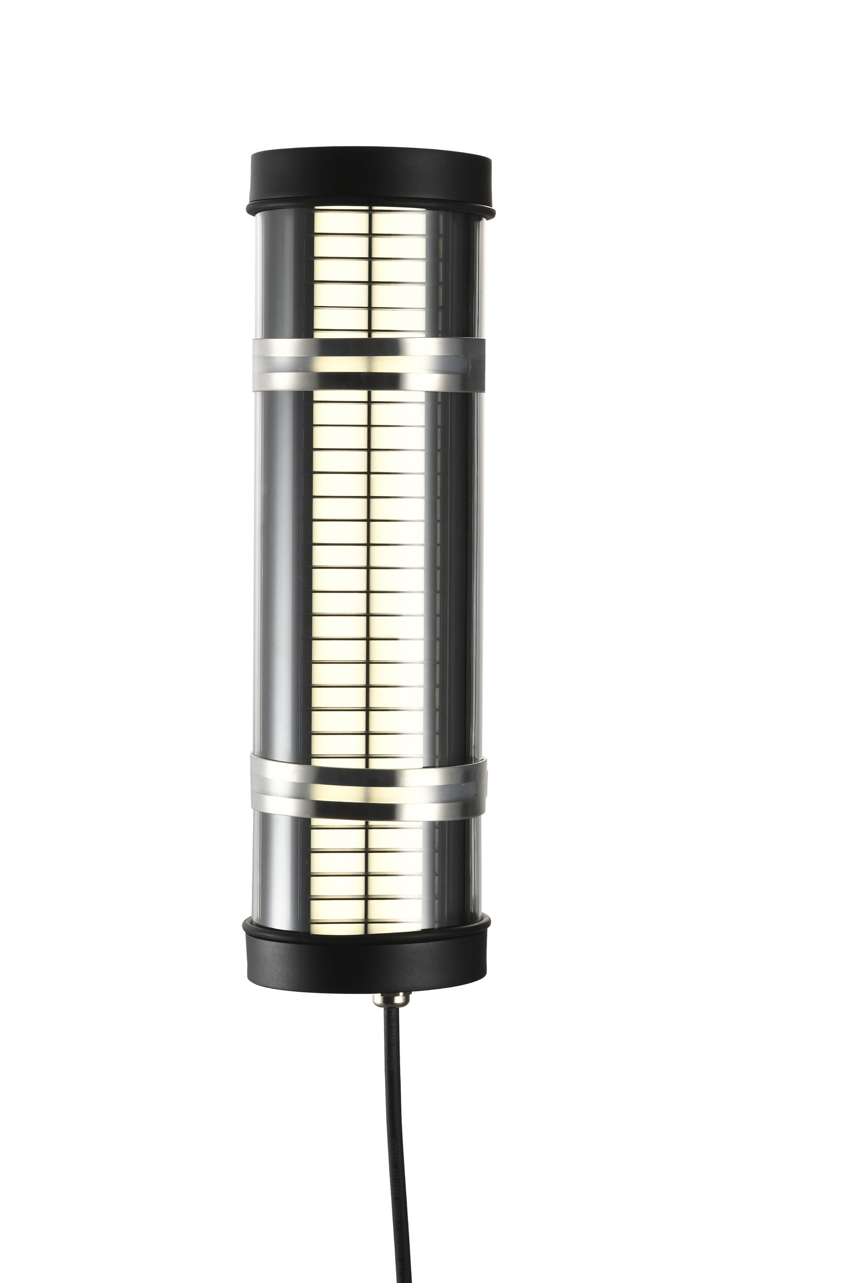 MANI Lighting architectural tubular wall light, black finish, louver grille detail, clear tube, Ø100mm
