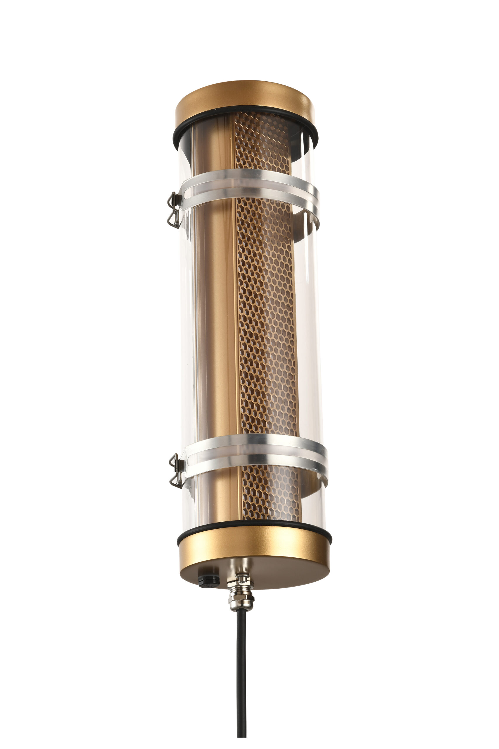 MANI Lighting architectural tubular wall light, gold finish, honeycomb grille detail, clear tube, Ø100mm