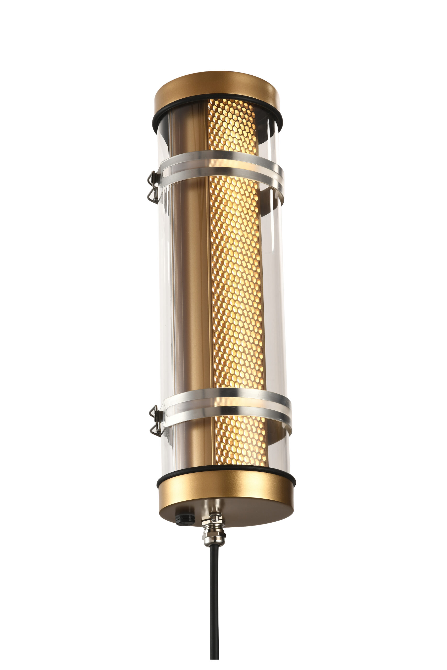 MANI Lighting architectural tubular wall light, gold finish, honeycomb grille detail, clear tube, Ø100mm