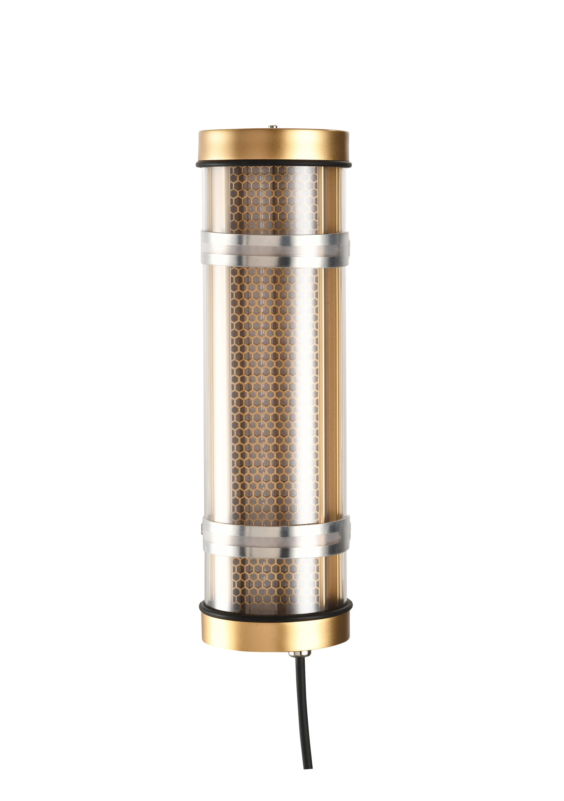 MANI Lighting architectural tubular wall light, gold finish, honeycomb grille detail, clear tube, Ø100mm