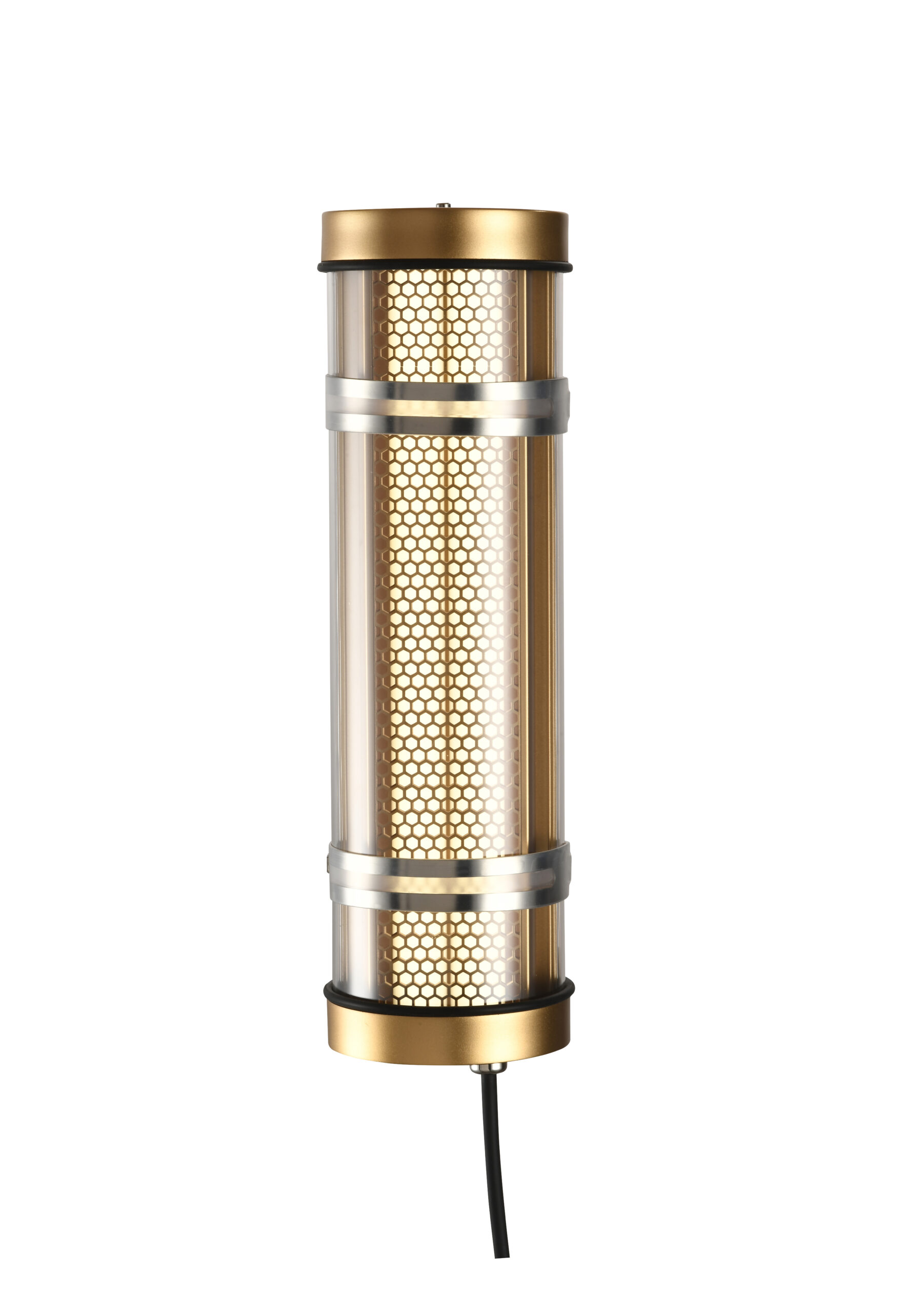 MANI Lighting architectural tubular wall light, gold finish, honeycomb grille detail, clear tube, Ø100mm