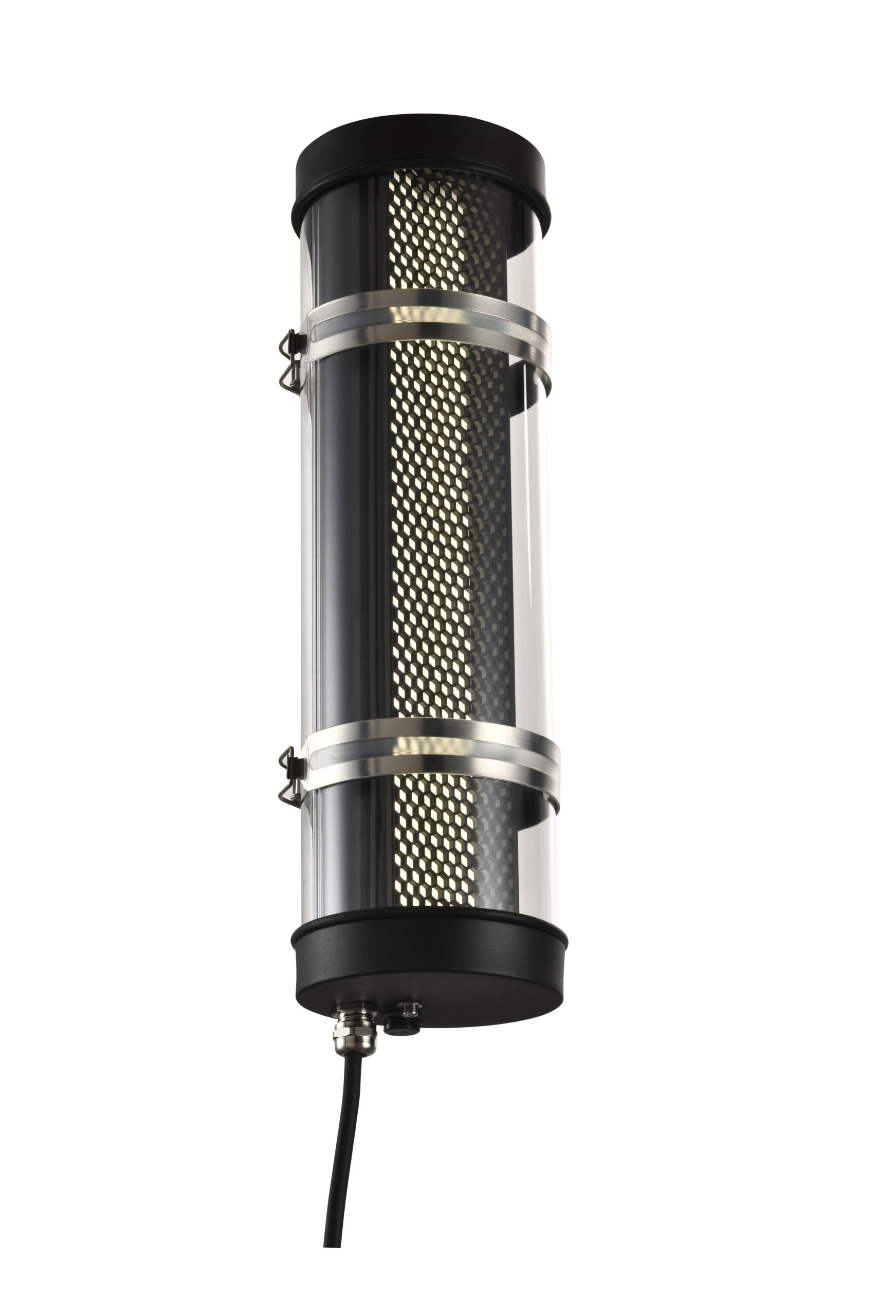 MANI Lighting architectural tubular wall light, black finish, honeycomb grille detail, clear tube, Ø100mm