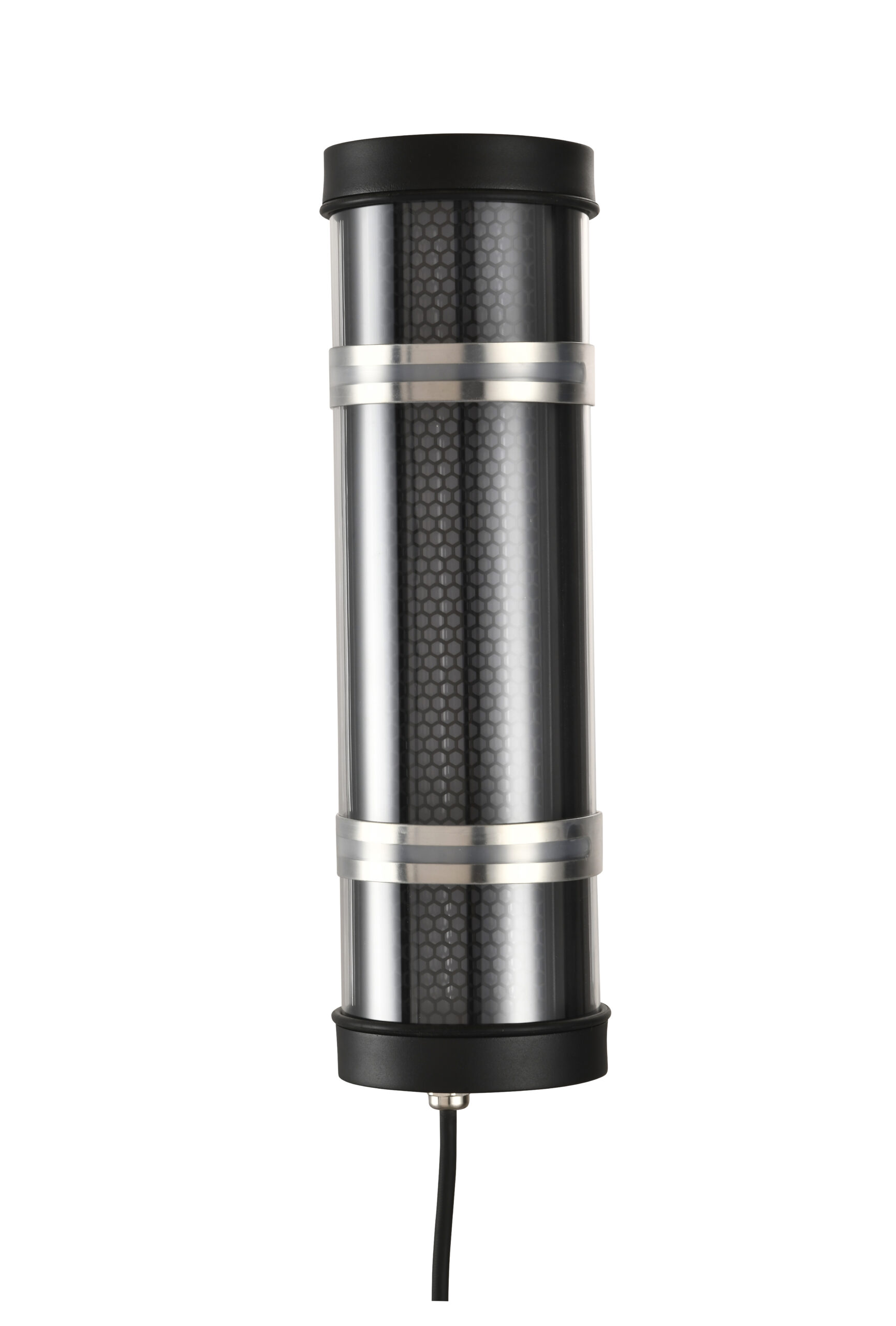 MANI Lighting architectural tubular wall light, black finish, honeycomb grille detail, clear tube, Ø100mm