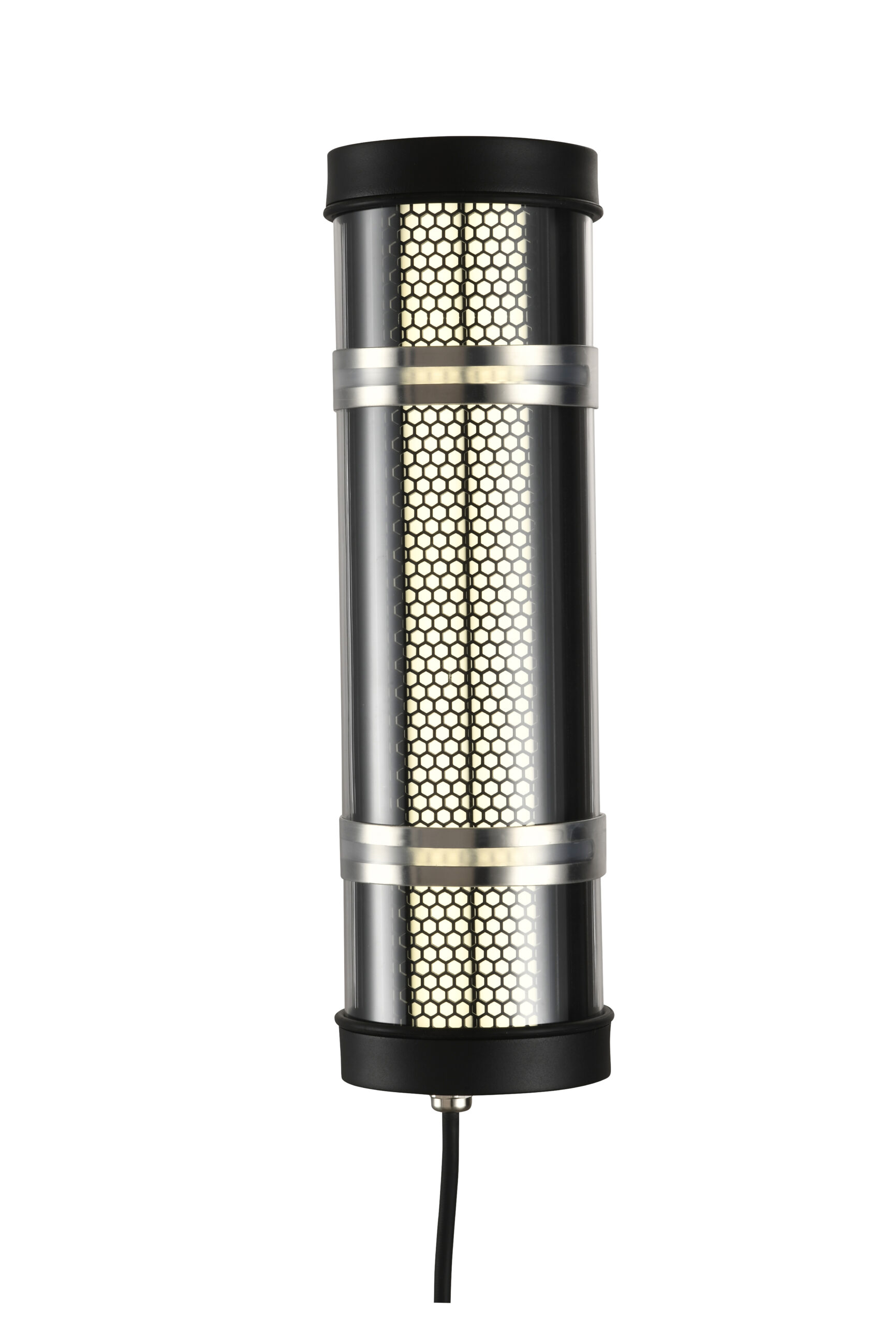 MANI Lighting architectural tubular wall light, black finish, honeycomb grille detail, clear tube, Ø100mm
