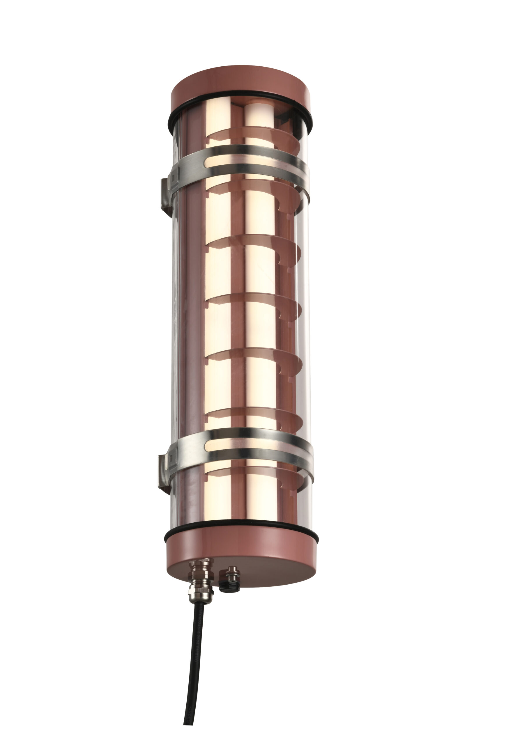 Architectural tubular light with vertical aluminum louver insert and decorative brackets, suitable for wall-mounted or suspended installation