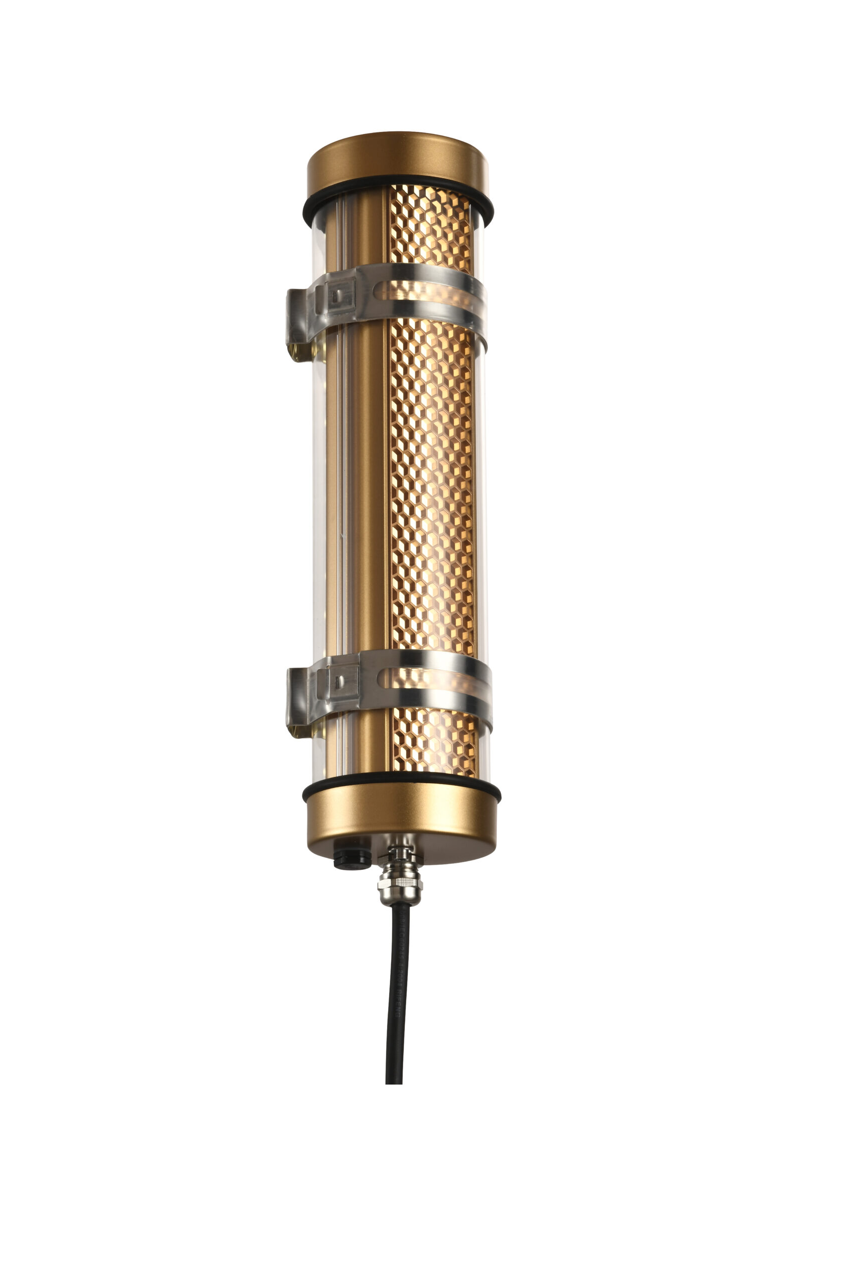 MANI Lighting architectural tubular wall light, gold finish, honeycomb grille detail, clear tube, Ø70mm