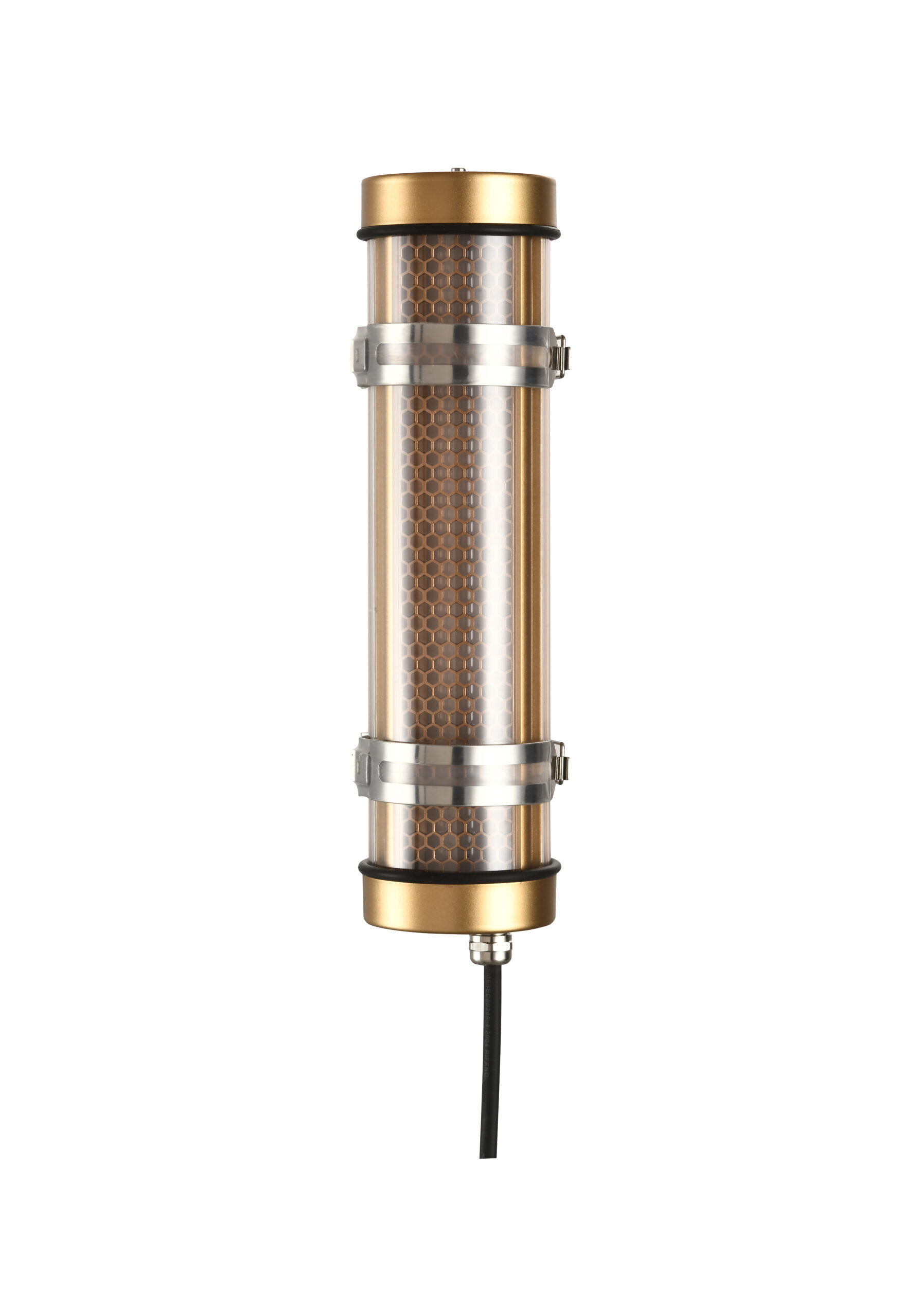 MANI Lighting architectural tubular wall light, gold finish, honeycomb grille detail, clear tube, Ø70mm