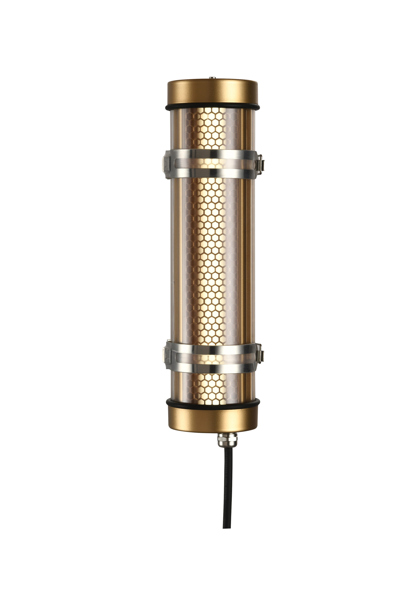 MANI Lighting architectural tubular wall light, gold finish, honeycomb grille detail, clear tube, Ø70mm