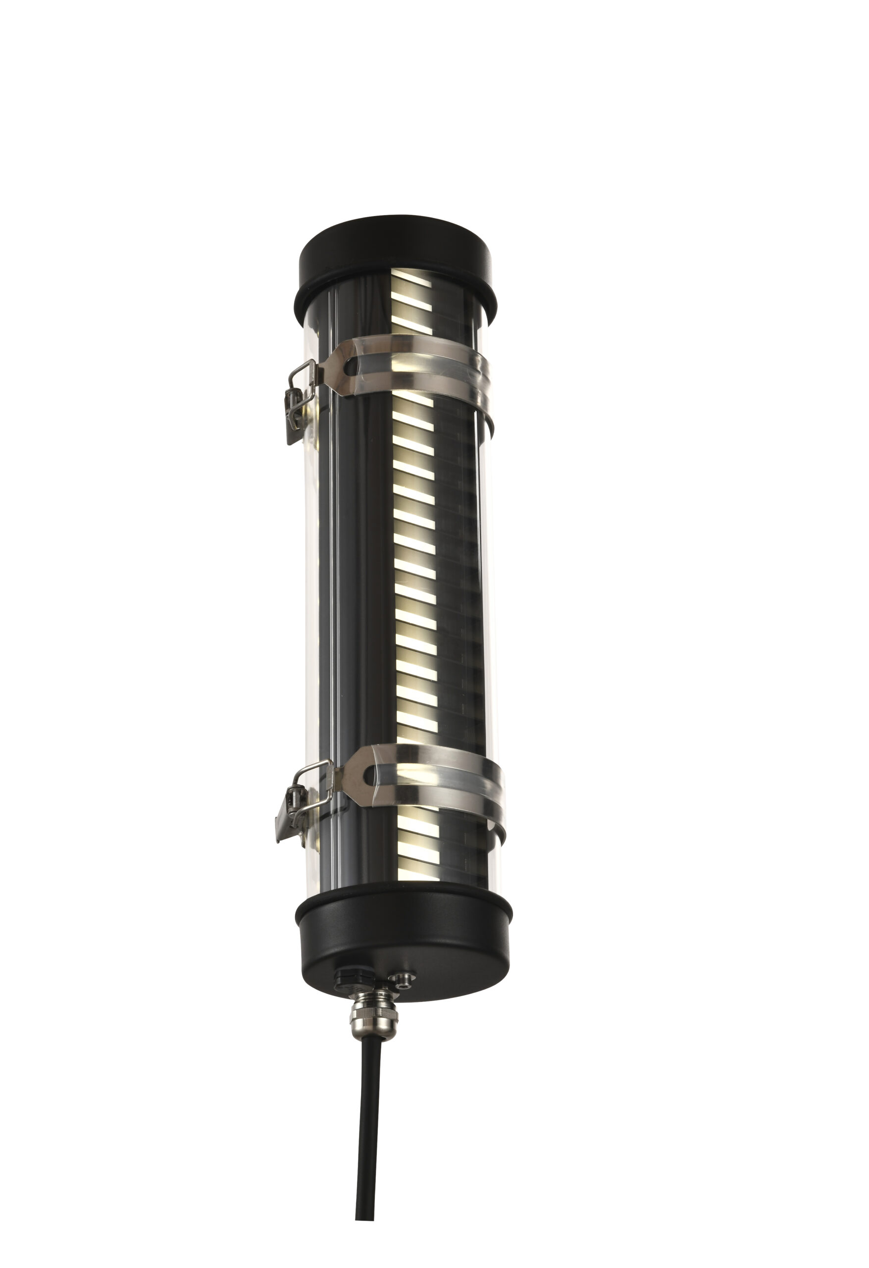 MANI Lighting architectural tubular wall light, black finish, louver grille detail, clear tube, Ø70mm