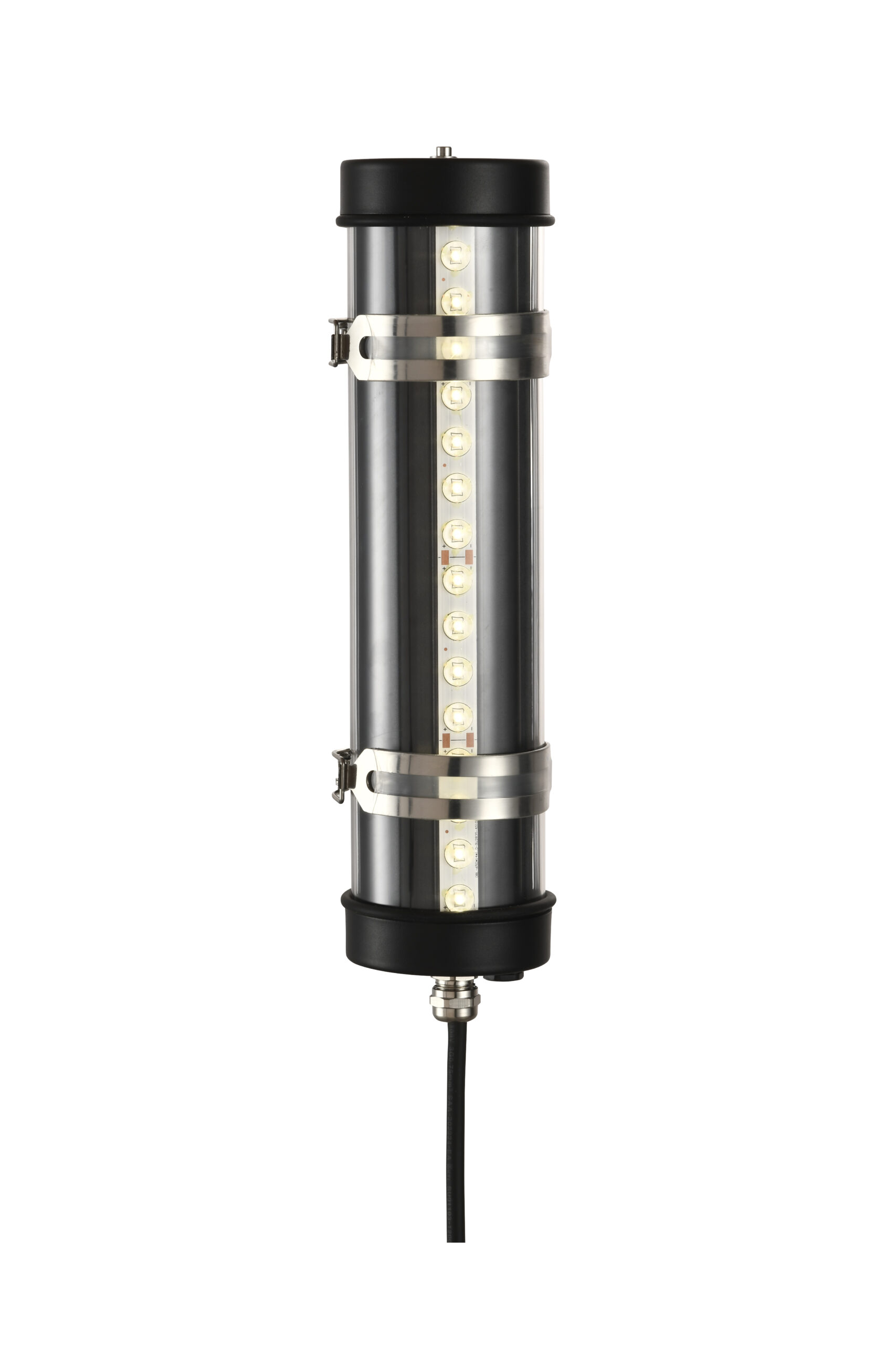 MANI Lighting architectural tubular wall light, black finish, louver grille detail, clear tube, Ø70mm