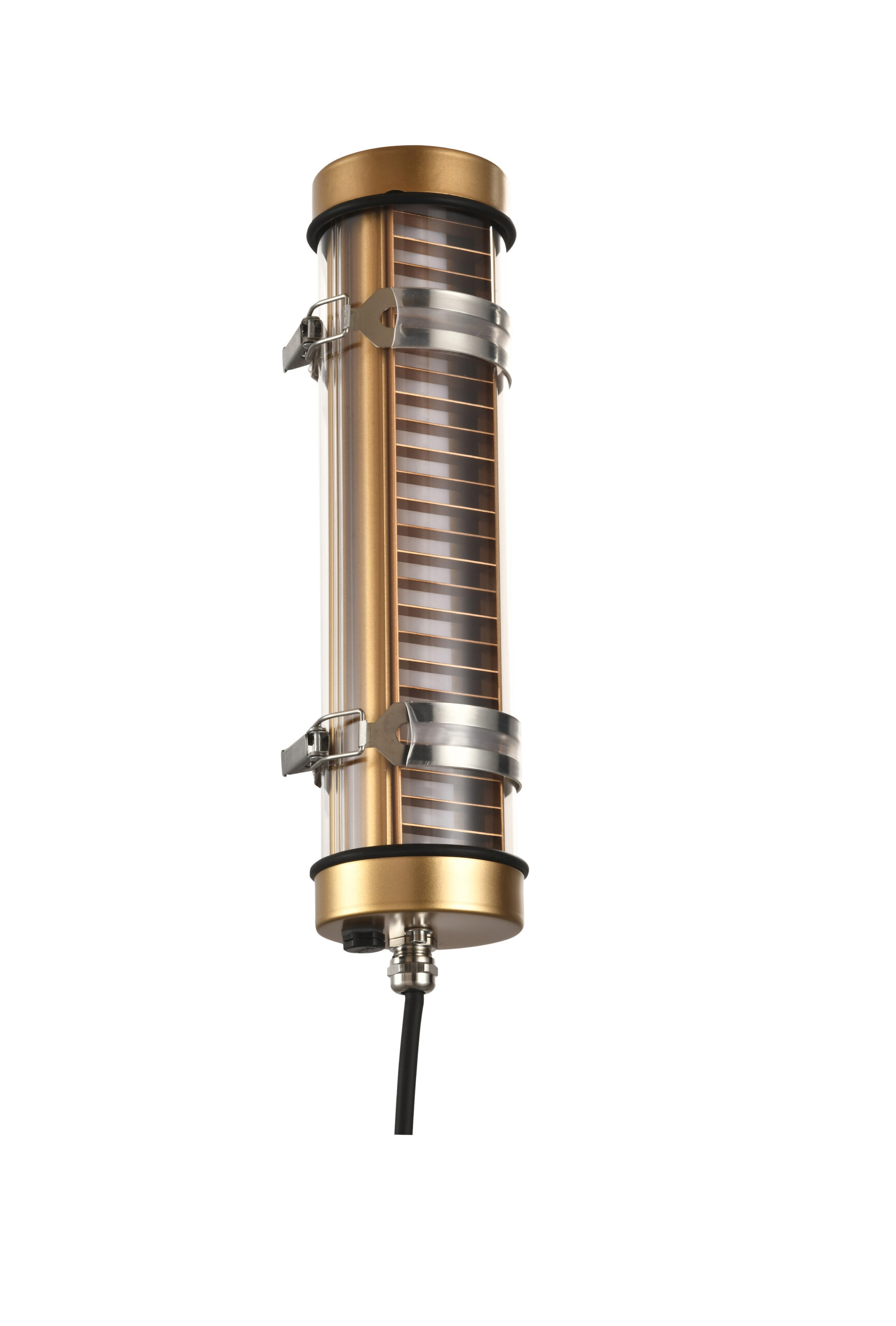 MANI Lighting architectural tubular wall light, gold finish, louver grille detail, clear tube, Ø70mm