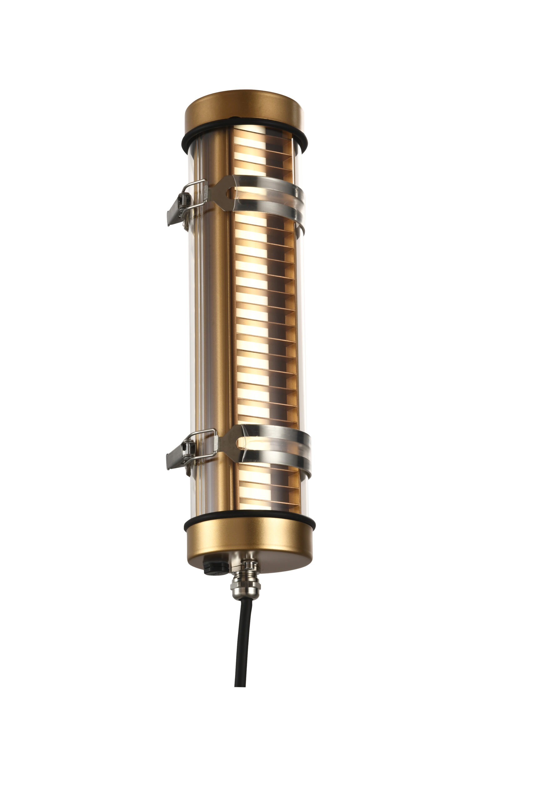 MANI Lighting architectural tubular wall light, gold finish, louver grille detail, clear tube, Ø70mm