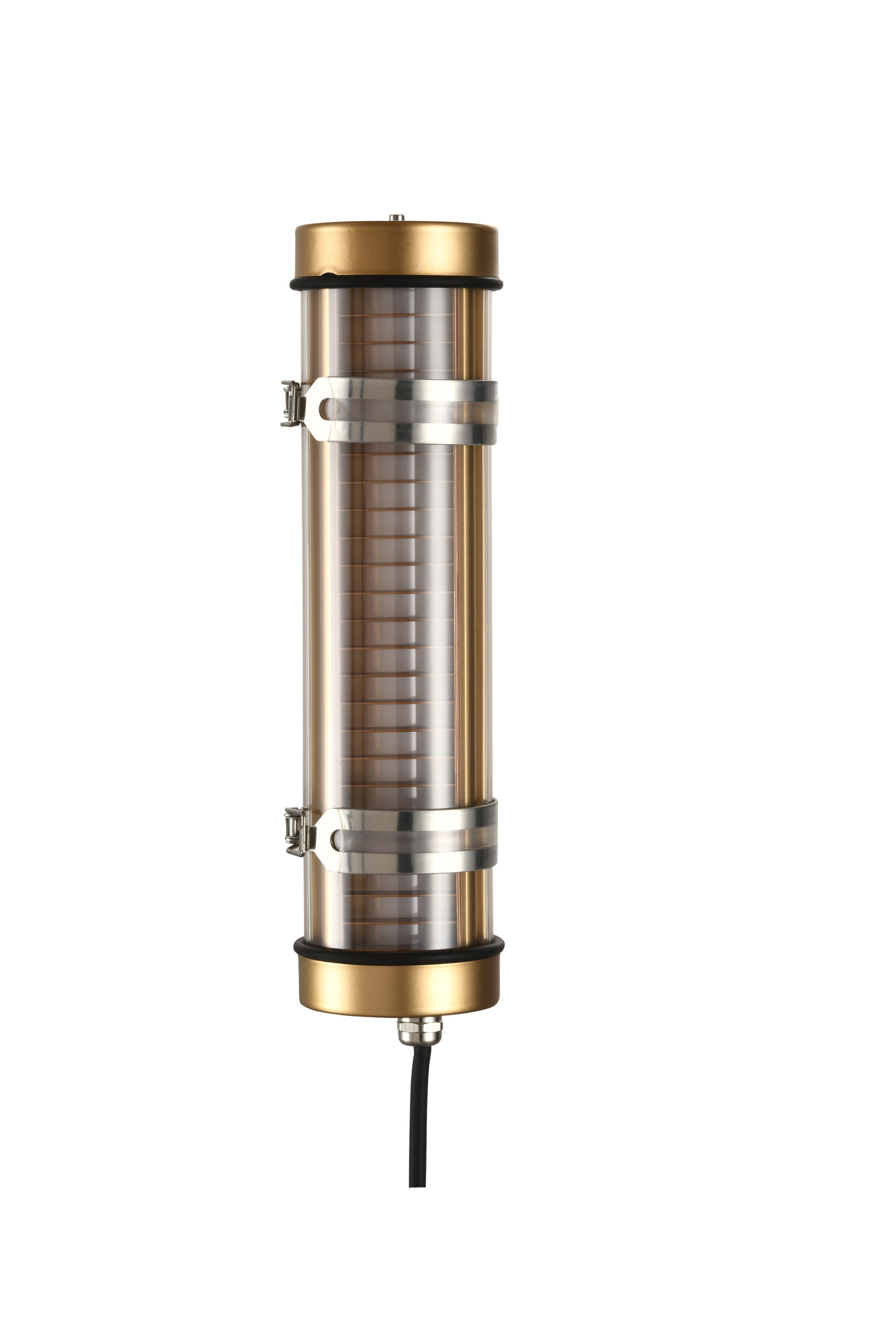 MANI Lighting architectural tubular wall light, gold finish, louver grille detail, clear tube, Ø70mm