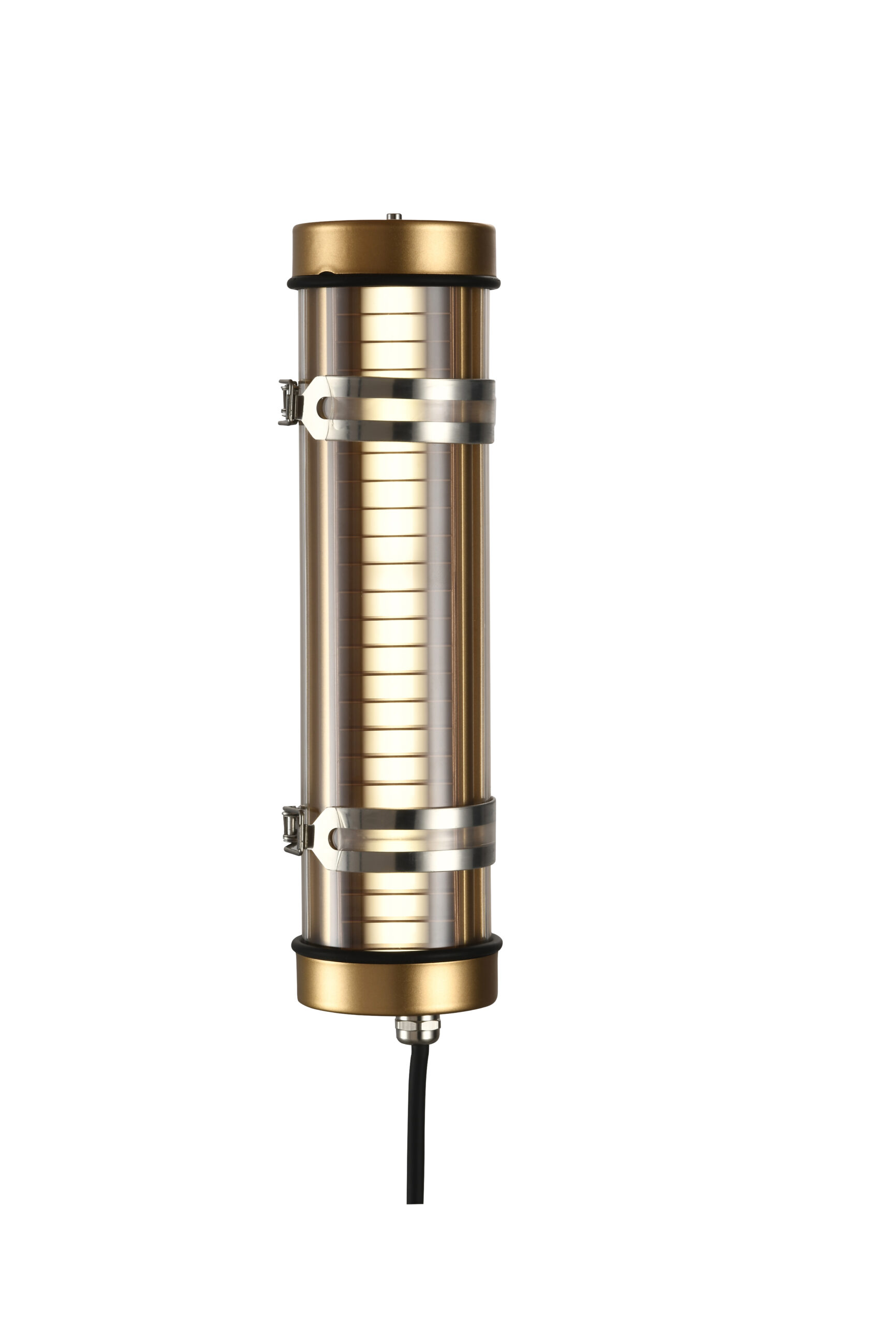 MANI Lighting architectural tubular wall light, gold finish, louver grille detail, clear tube, Ø70mm