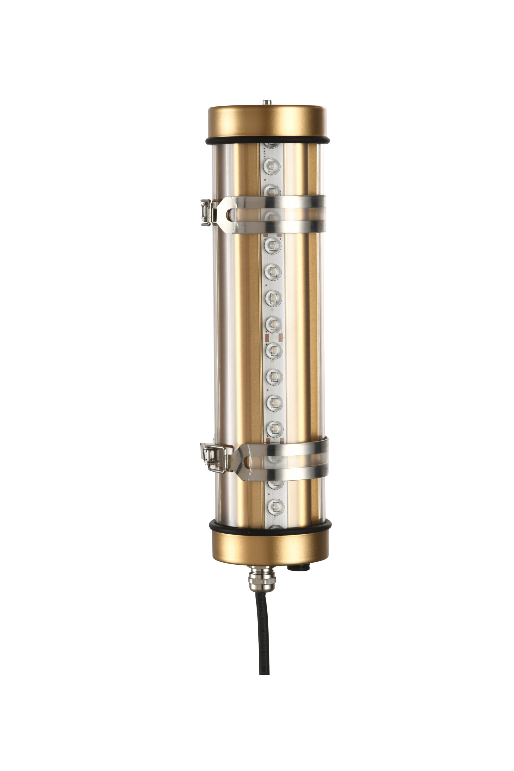 MANI Lighting architectural tubular wall light, gold finish, louver grille detail, clear tube, Ø70mm