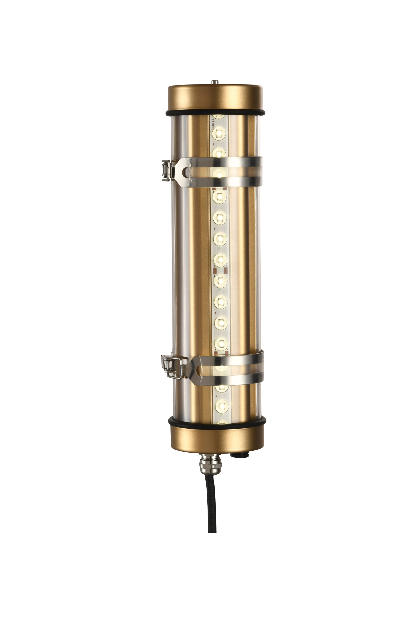 MANI Lighting architectural tubular wall light, gold finish, louver grille detail, clear tube, Ø70mm