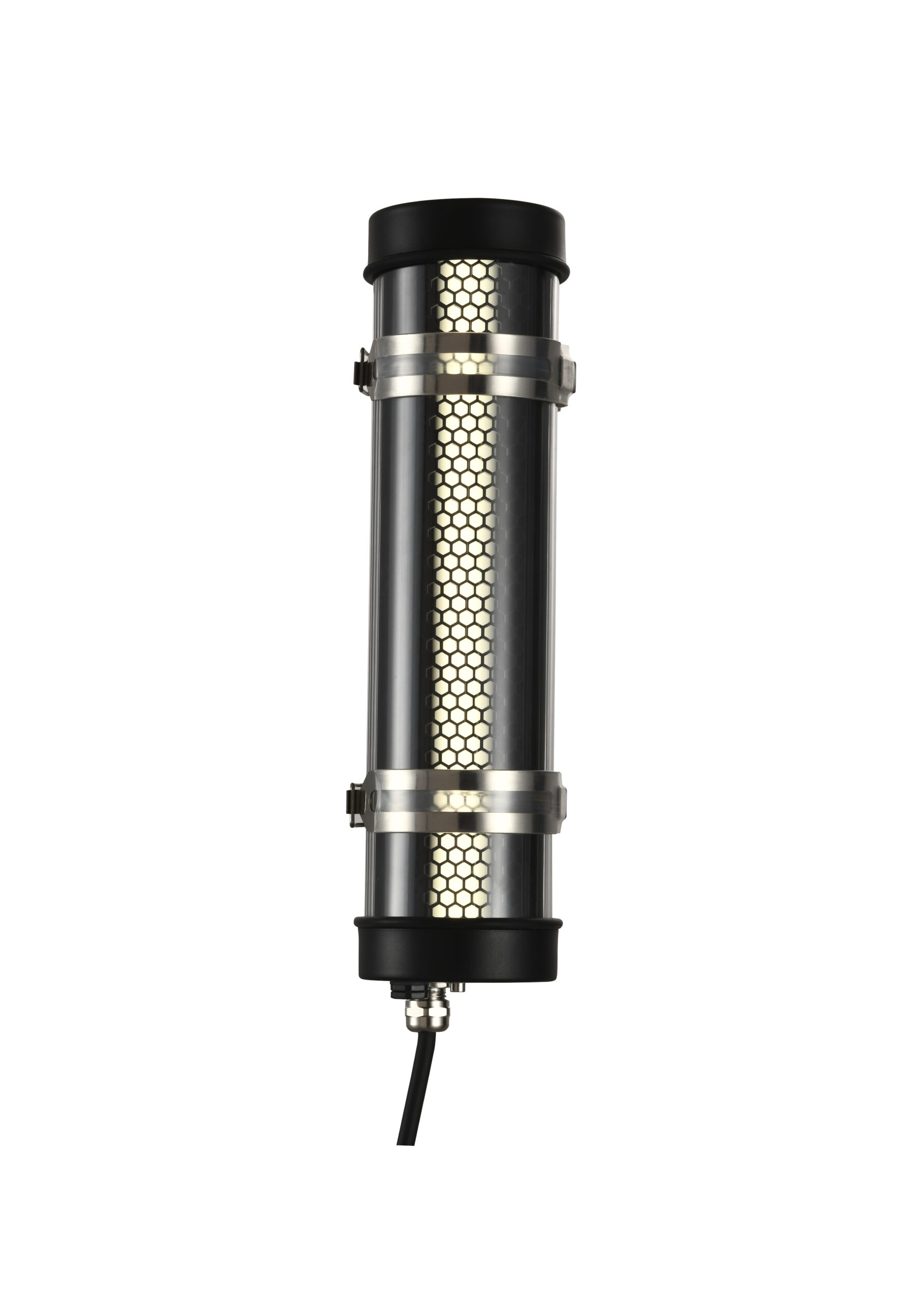 MANI Lighting architectural tubular wall light, black finish, honeycomb grille detail, clear tube, Ø70mm