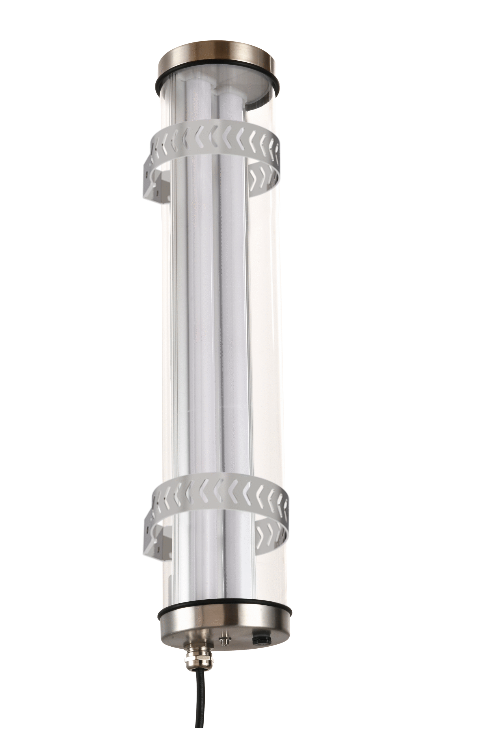 IP67 IK10 sealed tubular LED luminaire with opaline diffuser, stainless steel clamps and cable gland