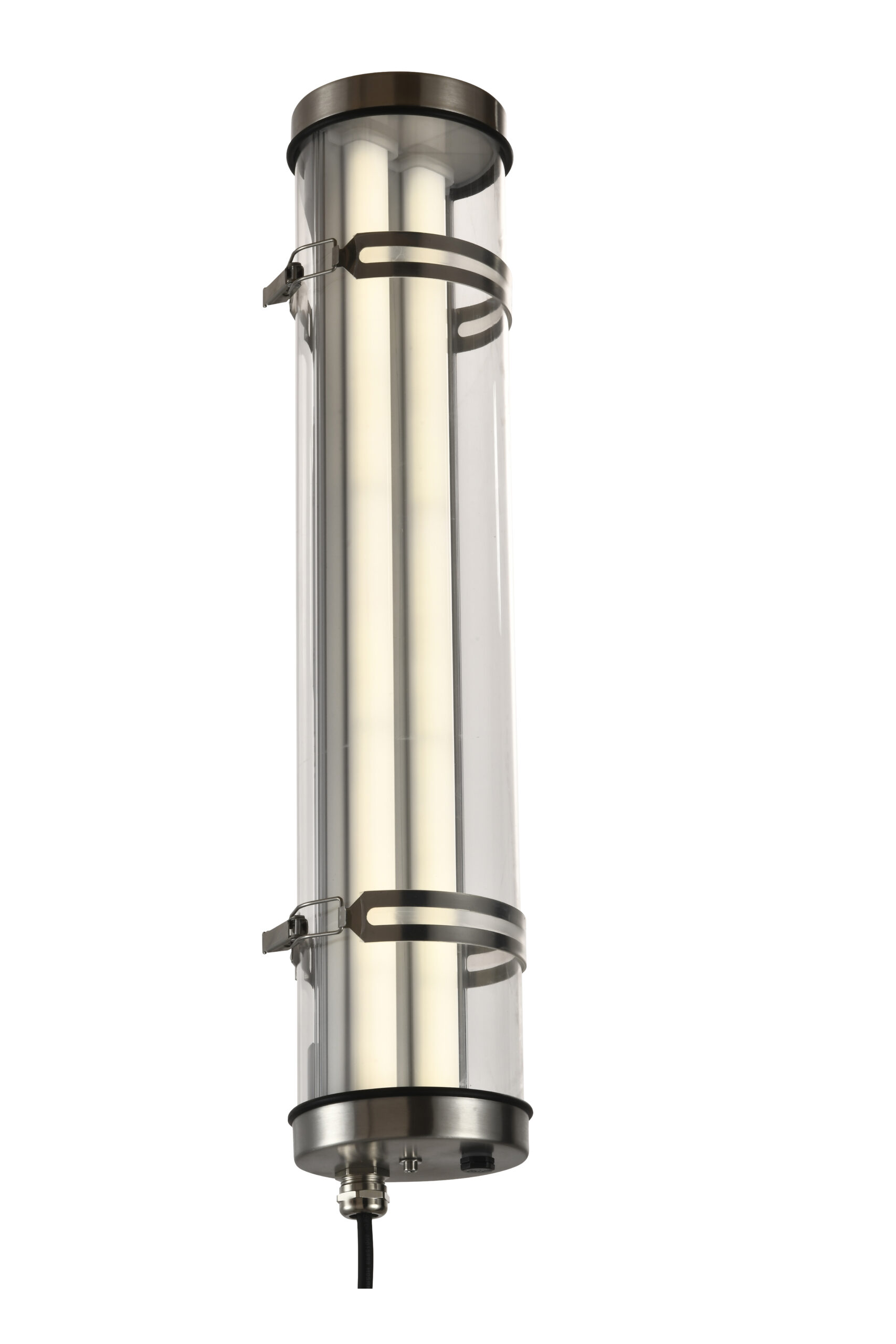 IP67 IK10 sealed tubular LED luminaire with opaline diffuser, stainless steel clamps and cable gland
