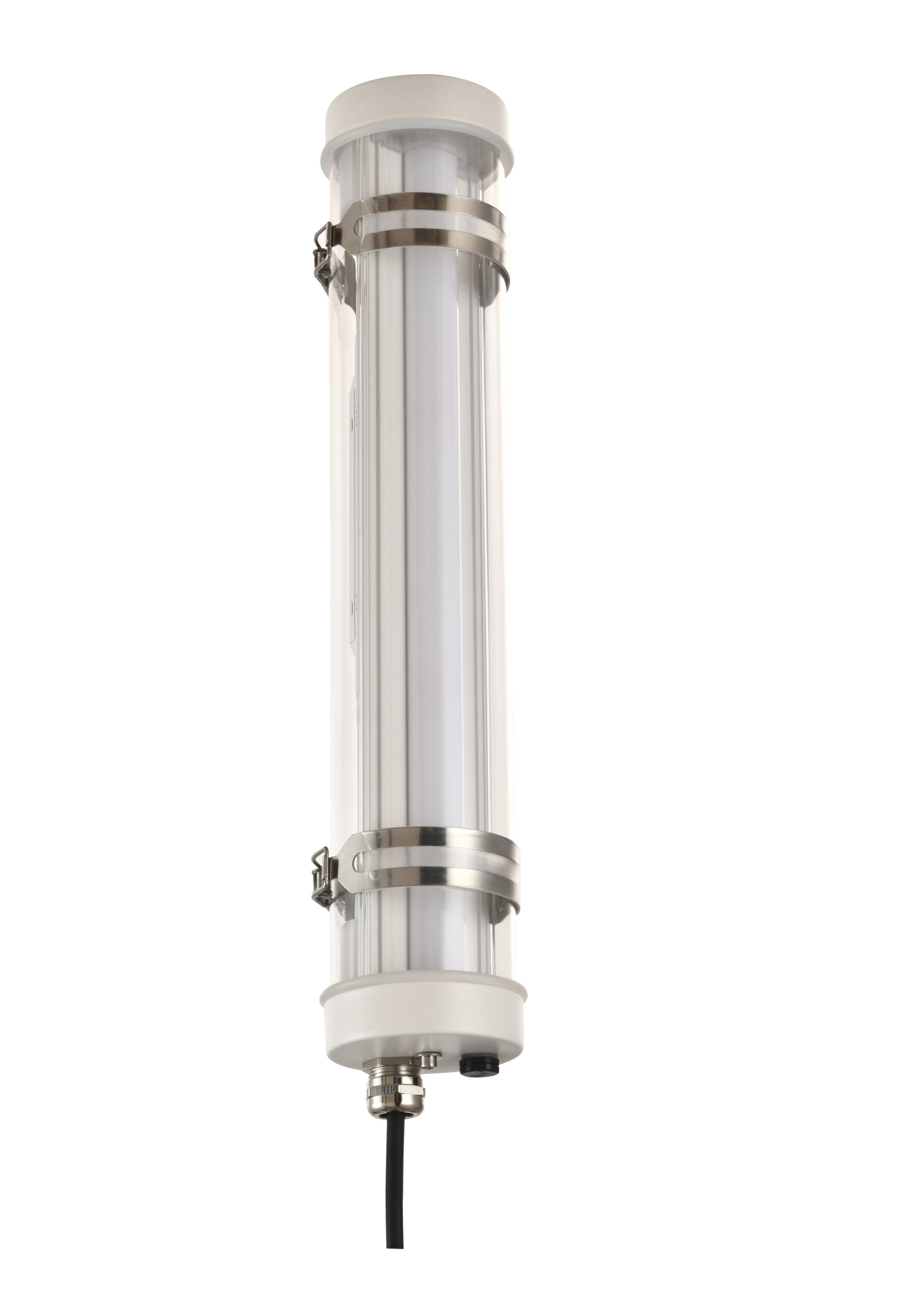 Industrial-style tubular LED light with transparent polycarbonate tube and stainless steel bands