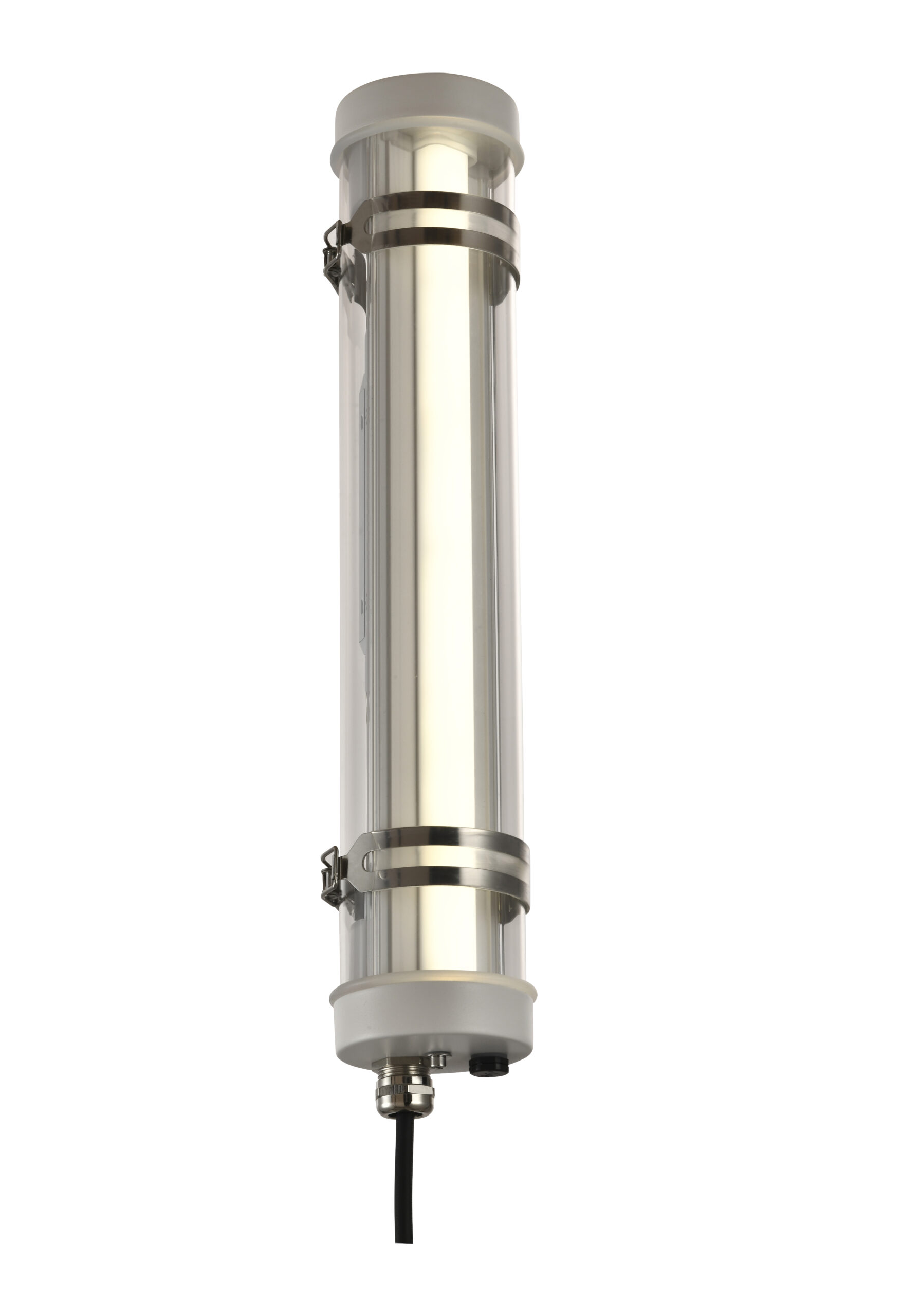 Industrial-style tubular LED light with transparent polycarbonate tube and stainless steel bands
