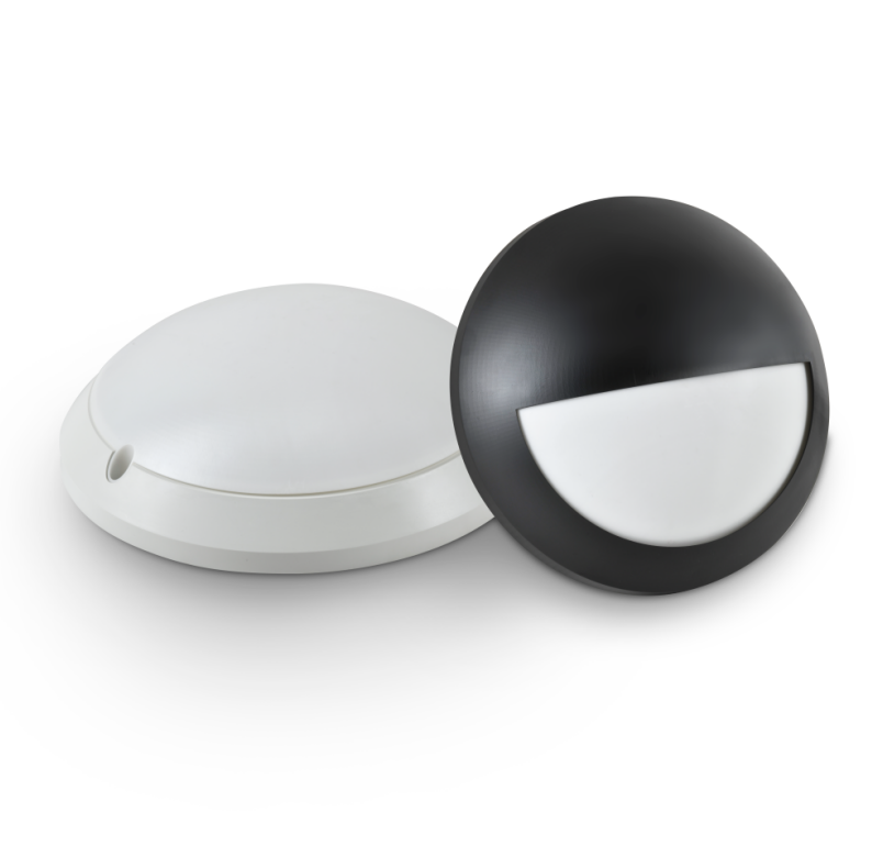 Round LED bulkhead light with full-cover and half-shade design in black and white housing — waterproof outdoor wall and ceiling mount lamp