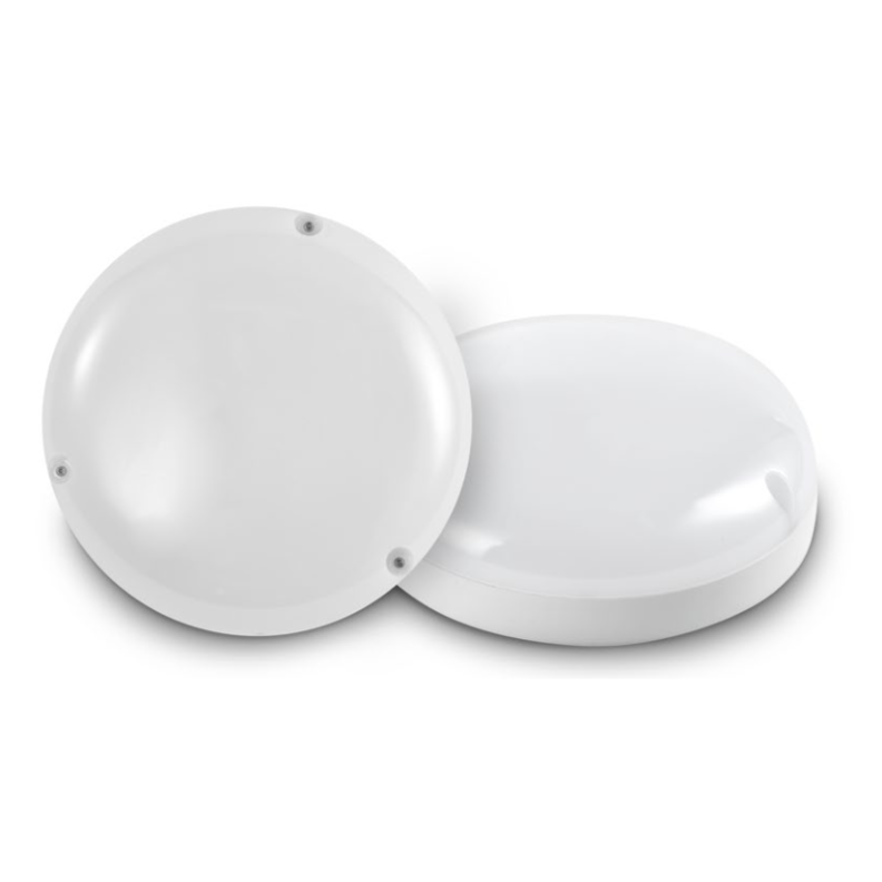 White round LED bulkhead light with full dome diffuser and screw-fixed housing for indoor or outdoor ceiling and wall installation