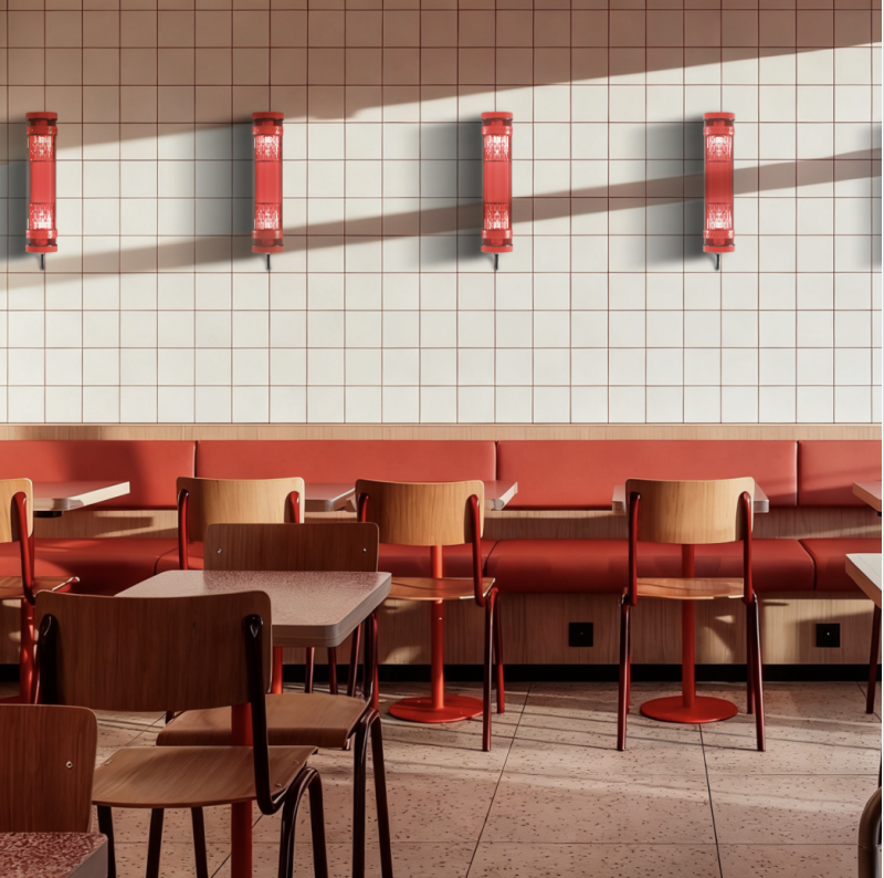 Moreau decorative tubular wall lights installed in a restaurant interior, featuring red metal grille design and E27 lamp system arranged in a linear composition
