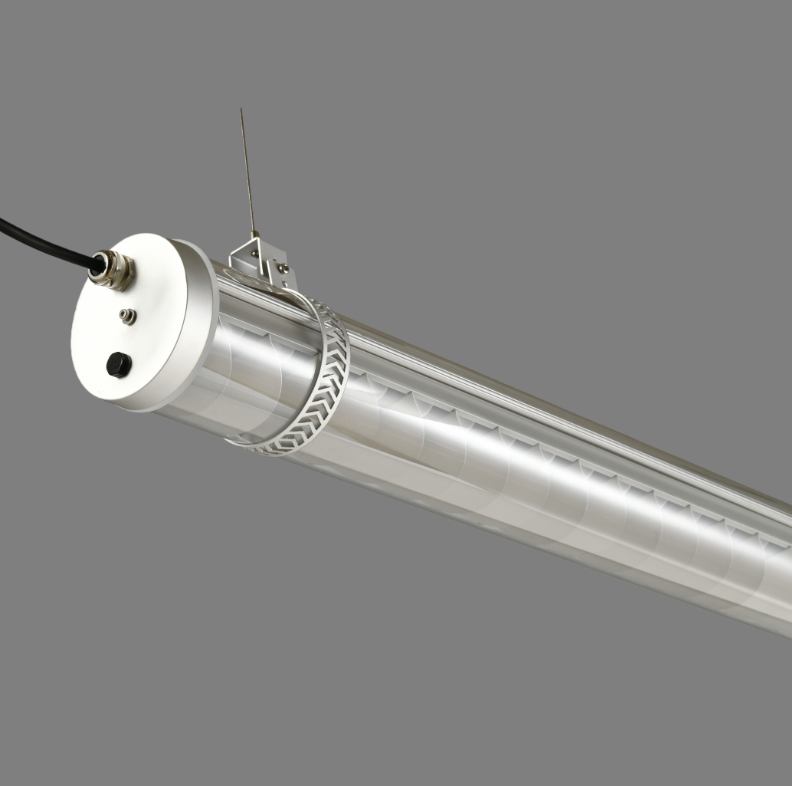 Corbusier decorative architectural tubular light with silver metal grille and transparent polycarbonate tube