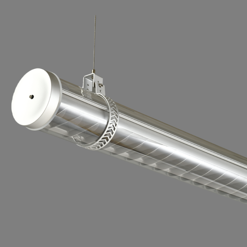 Corbusier decorative architectural tubular light with silver metal grille and transparent polycarbonate tube