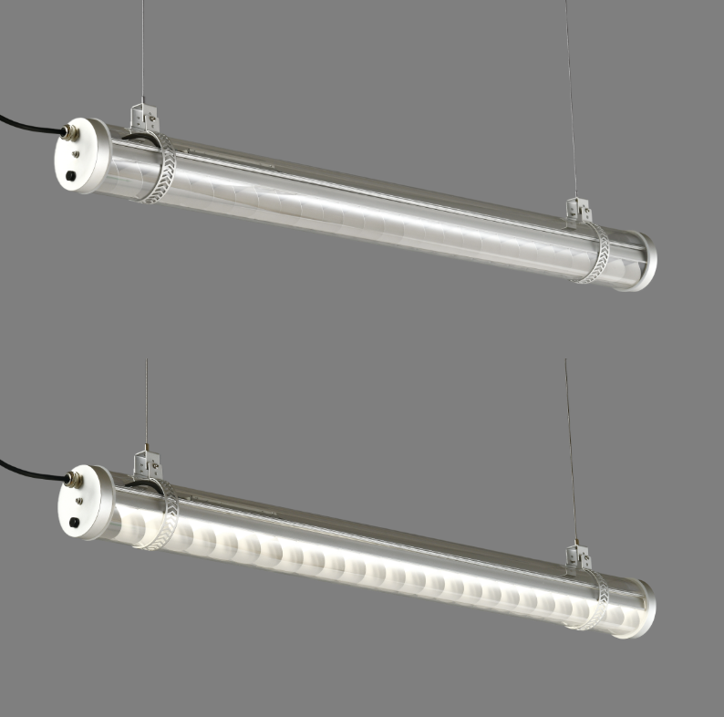 Corbusier decorative architectural tubular light with silver metal grille and transparent polycarbonate tube