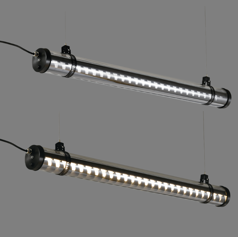 Corbusier decorative architectural tubular light with black metal grille and transparent polycarbonate tube