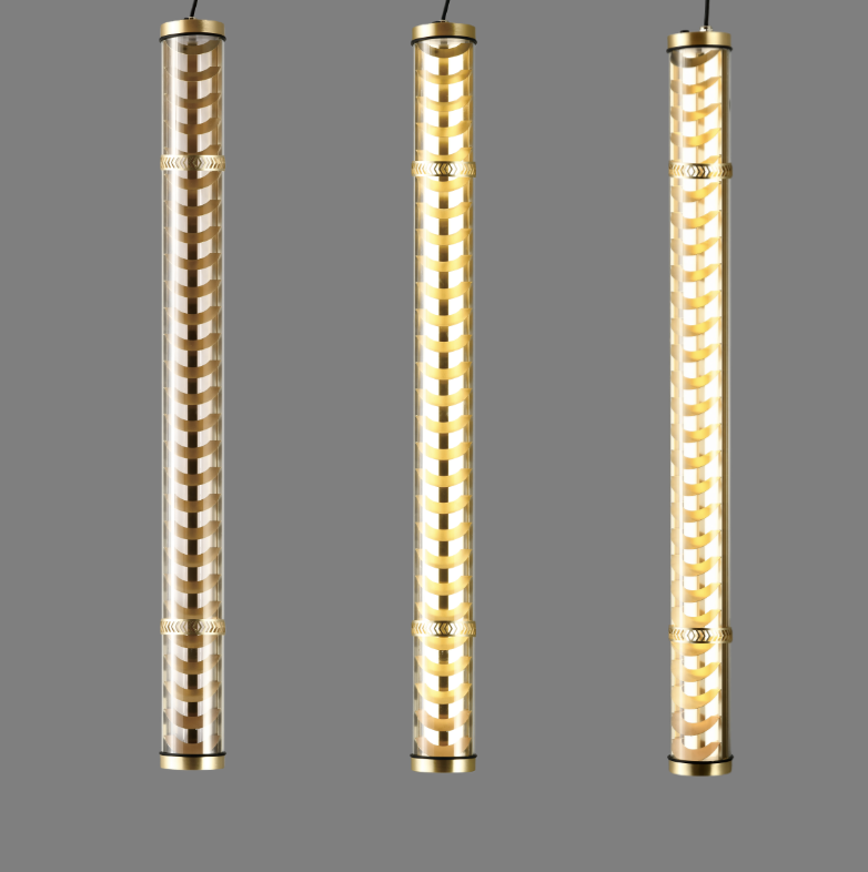 Corbusier decorative architectural tubular light with brass metal grille and transparent polycarbonate tube