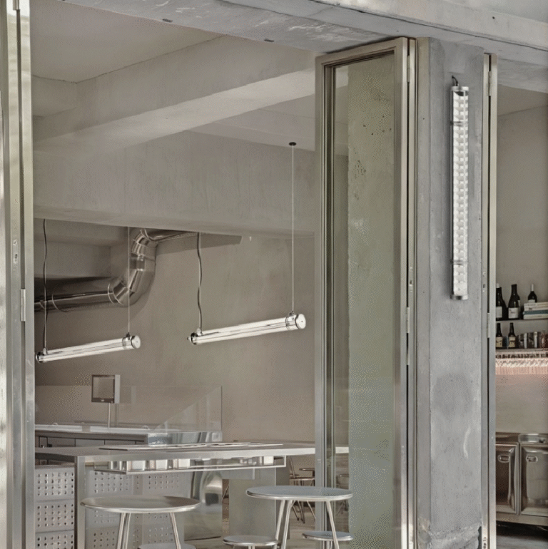 Architectural tubular wall light installed in industrial-style interior with concrete walls and glass partitions
