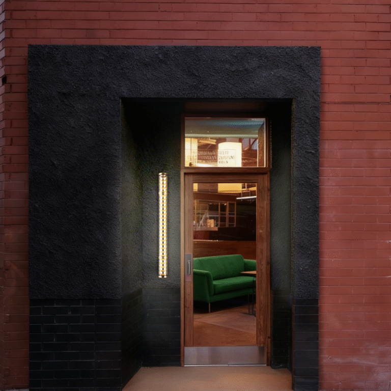 Architectural tubular wall light installed beside entrance door in commercial exterior facade