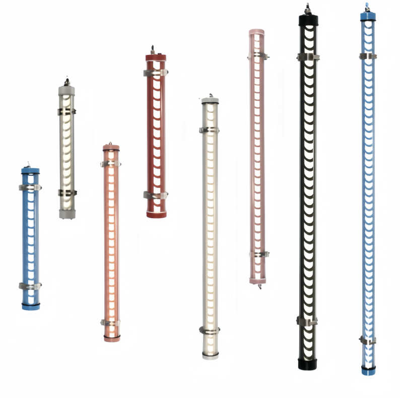 Architectural tubular LED lights with decorative grille, shown in multiple lengths and color finishes