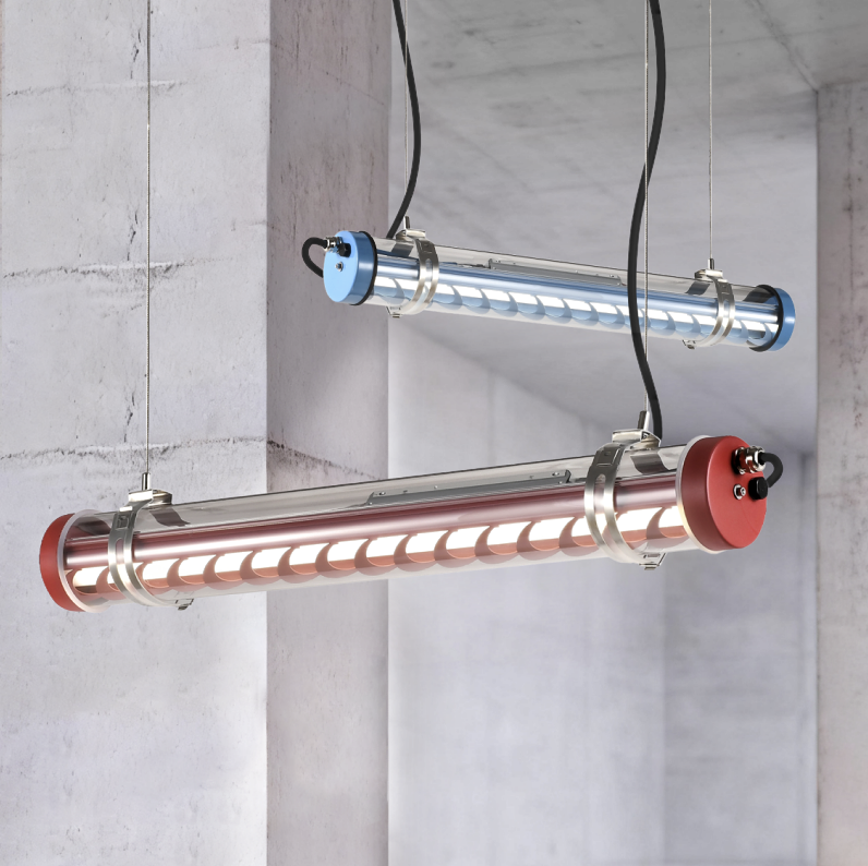 architectural tubular LED light with internal louver and stainless steel mounting rings