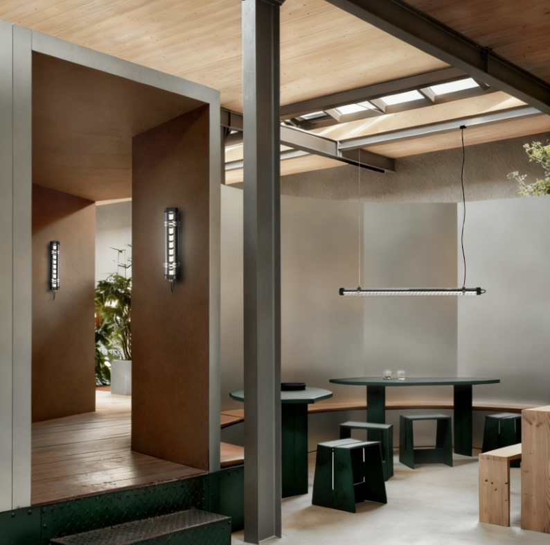 Architectural tubular LED lights installed as wall-mounted vertical fixtures and a suspended linear pendant in a modern interior