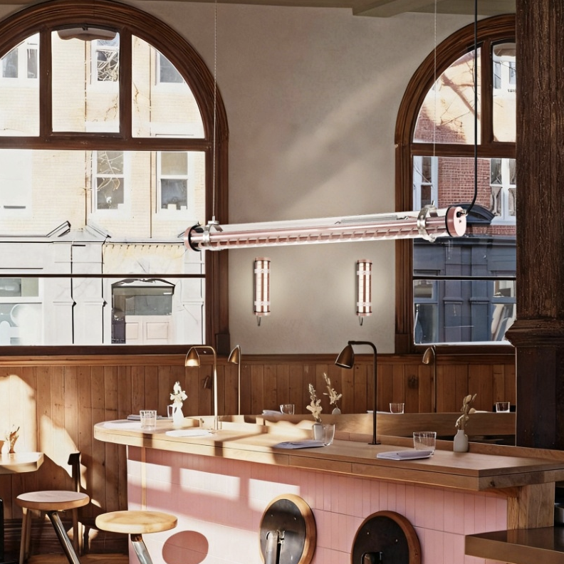 architectural tubular LED light with internal louver and stainless steel mounting rings