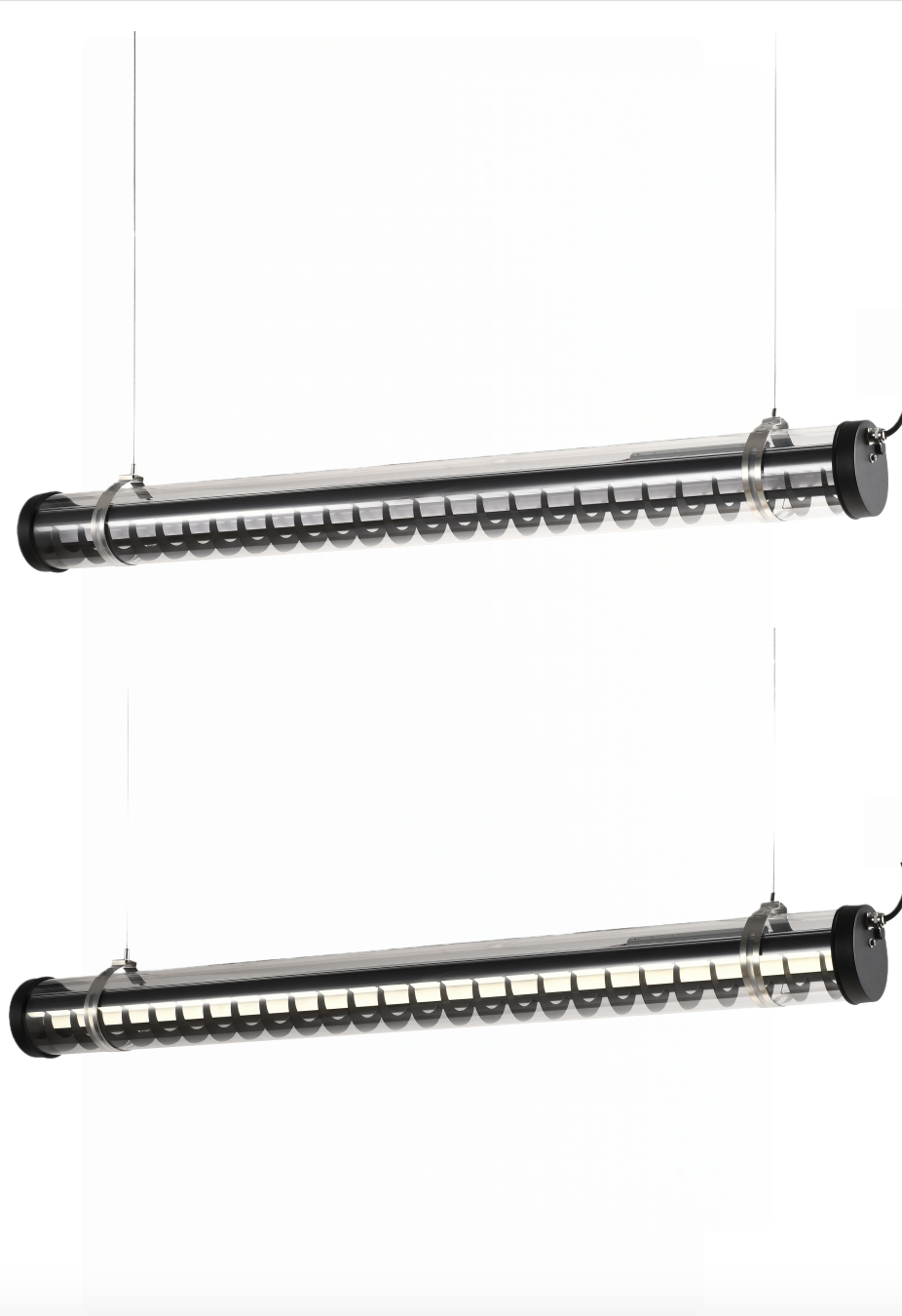 Architectural tubular light with vertical aluminum louver insert and decorative brackets, suitable for wall-mounted or suspended installation